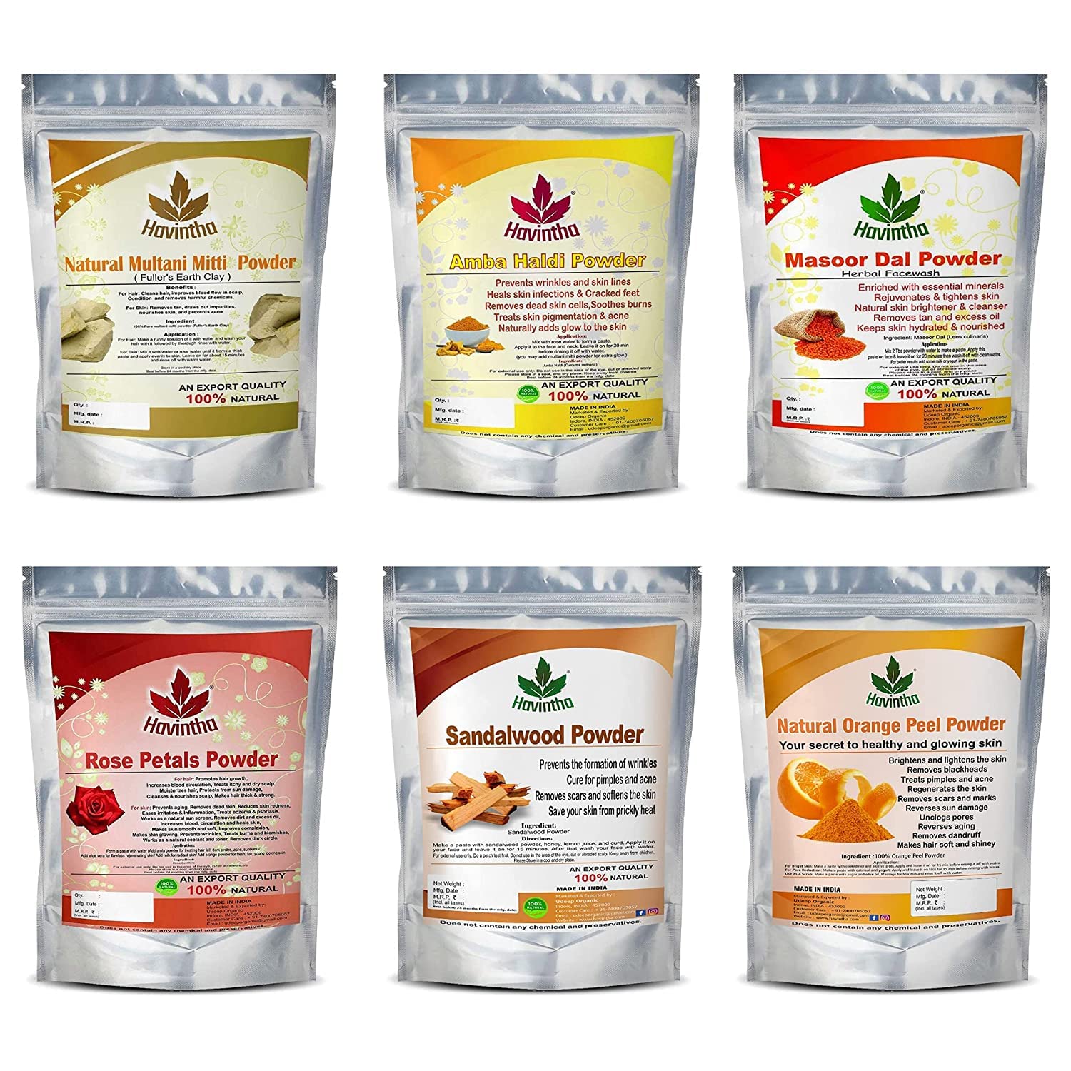 **Havintha Natural Face Pack Combo for Healthy & Glowing Skin – Multani Mitti, Sandalwood, Orange Peel, Rose Petal, Masoor Dal, Amba Haldi Powder (100g Each) – Perfect for Daily Skincare & Spa Treatments**