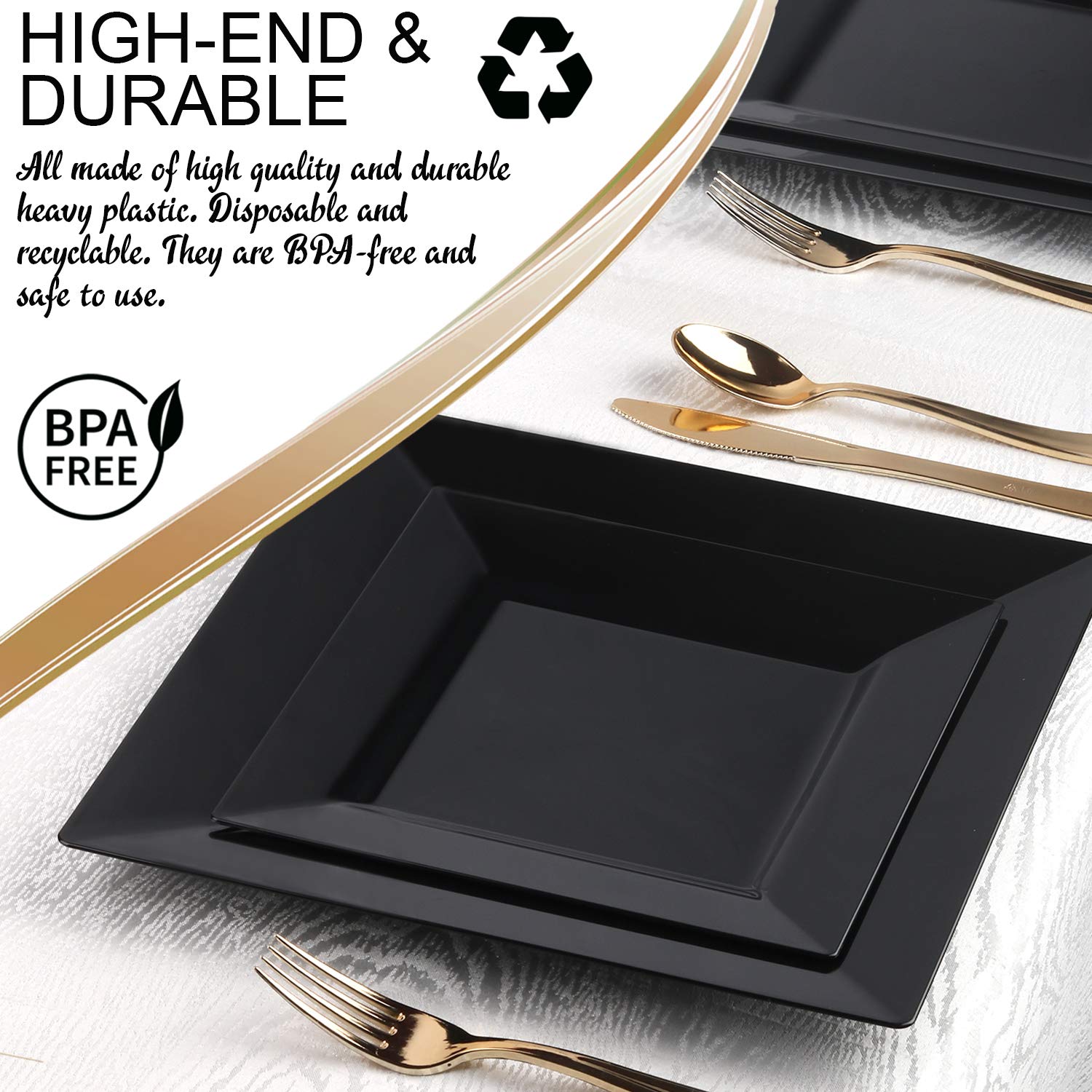 60-Piece Disposable Plastic Dinnerware Set - Square Black Plates, Dessert Plates, Silverware & Cups for Parties, Weddings & Events | Elegant & Convenient Tableware for Any Occasion
