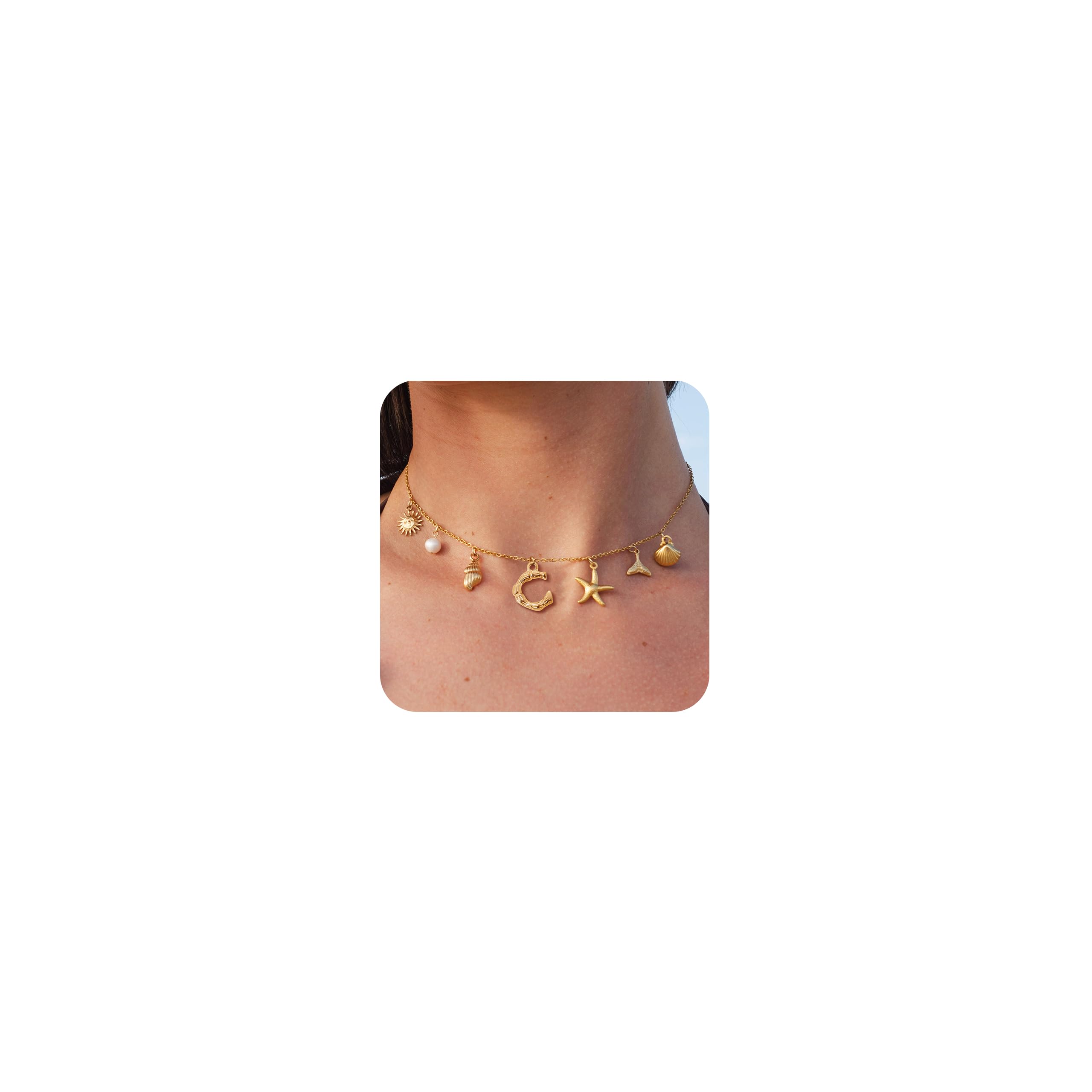 HUASAI Initial Charm Necklace for Women - Beach Starfish & Shell Pearl Pendant Boho Surfer Jewelry - Perfect for Summer Vacations, Beach Weddings & Birthday Gifts