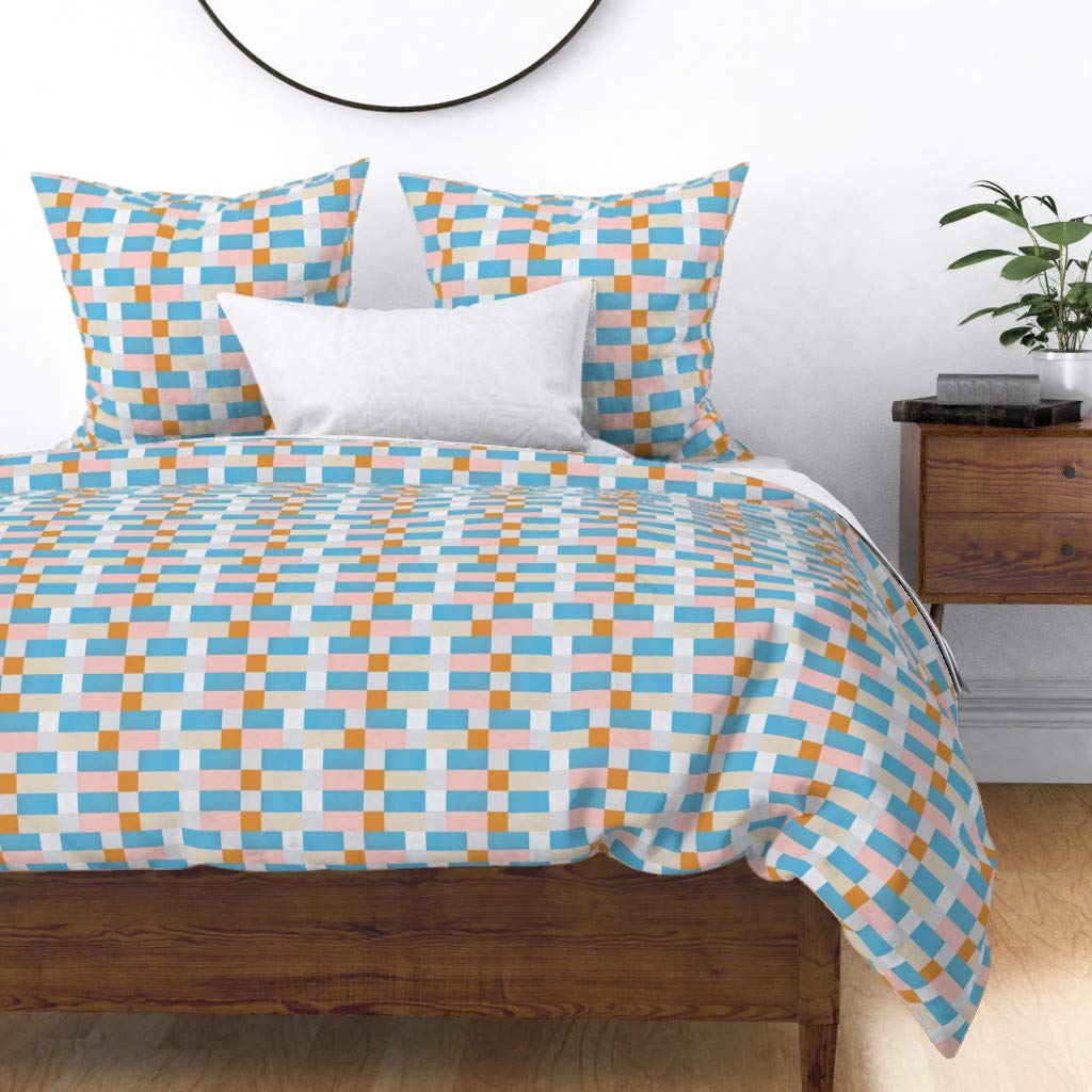 Soft Cotton Sateen Duvet Cover Full/Queen Size - Vintage Checkered Geometric Pattern in Pastel Colors for Nursery & Baby Room | Lightweight Quilted Bedding Set by Spoonflower | Perfect for Kids' Bedrooms, Guest Rooms & Cozy Home Decor