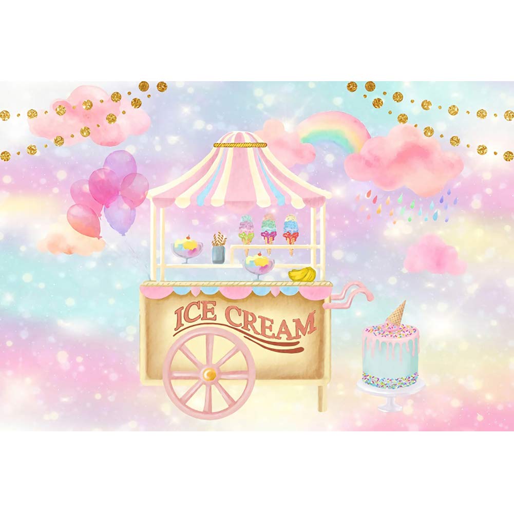 OERJU 10x8ft Dreamy Cartoon Ice Cream Party Backdrop - Purple Balloons & Rainbow Pink Clouds Photography Background for Girls' Birthday Party, Cake Table Decor, Vinyl Video Props - Perfect for Kids Celebrations, Baby Showers & Photo Booths