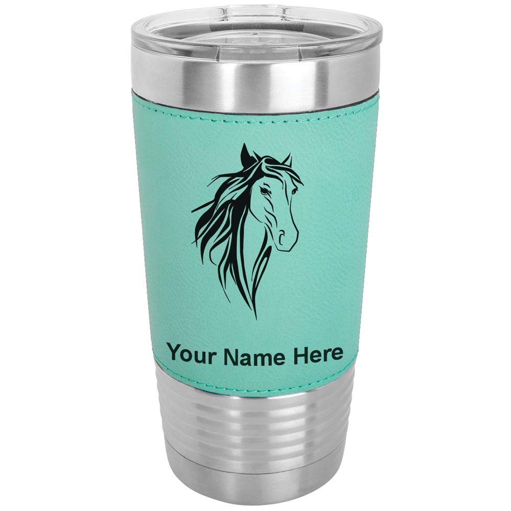 LaserGram 20oz Vacuum Insulated Stainless Steel Tumbler with Horse Head Design - Personalized Engraving, Faux Leather Handle, Teal Color - Perfect for Coffee, Tea & Cold Drinks at Home, Office or Travel
