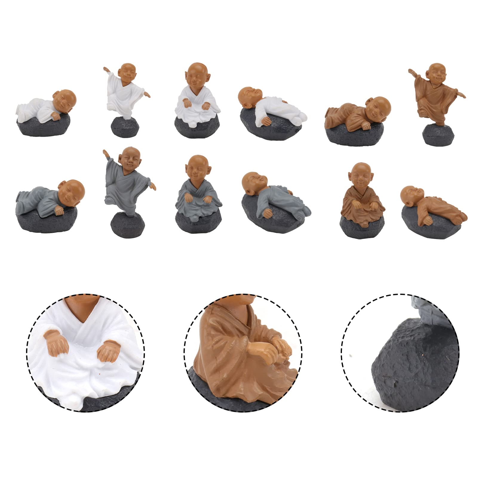 12pcs Ceramic Smiling Buddha Statues - Monk Landscape Ornaments for Terrarium, Fish Tank, Cake Decor, Car Dashboard & Outdoor Decor - Cartoon Buddha Figurines for Home, Garden & Office Decorations
