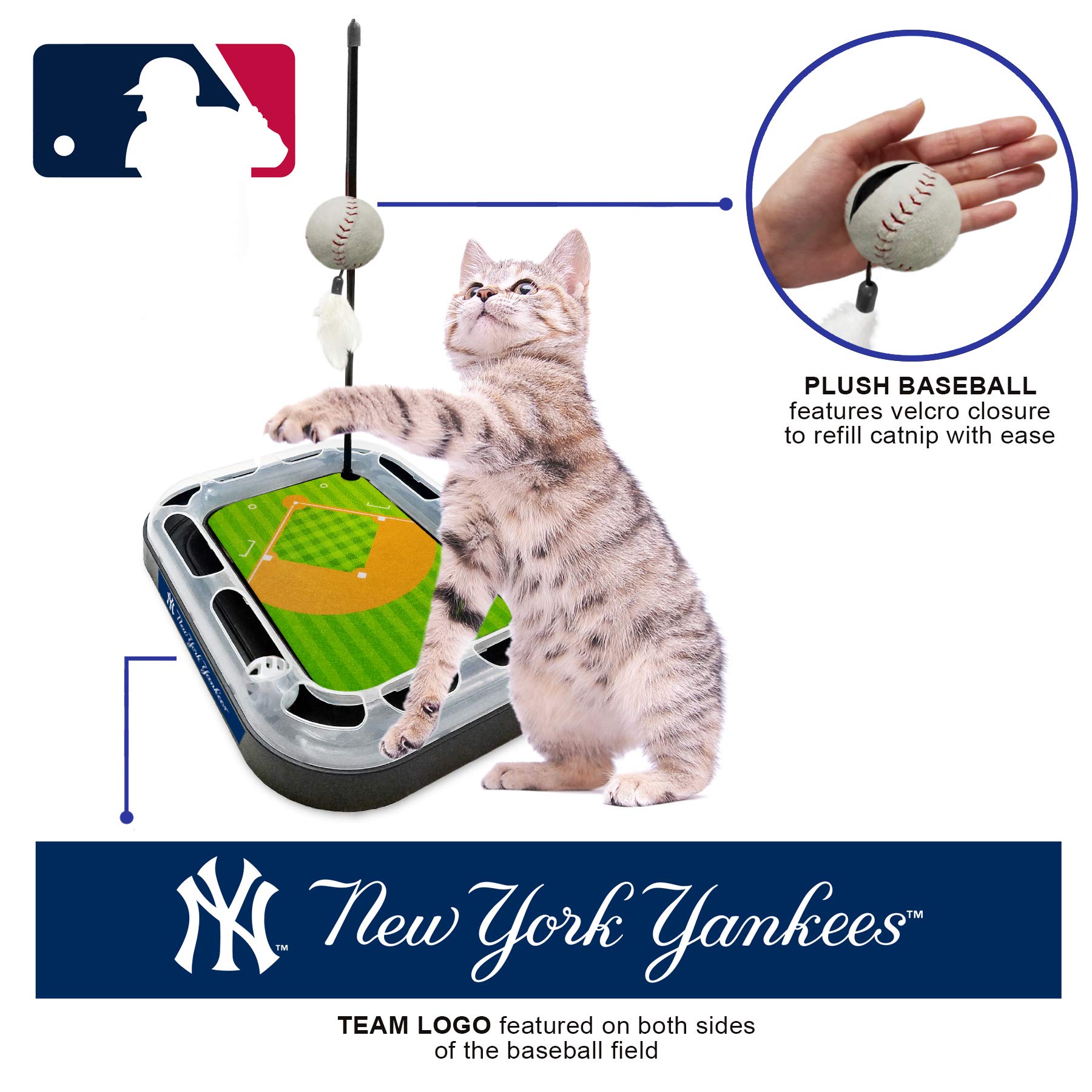 New York Yankees Baseball Field Cat Scratching Toy - 5-in-1 Interactive Cat Scratcher with Ball Bell, Catnip Plush & Feather Wand - Perfect for Playtime, Exercise & Stress Relief for Indoor Cats