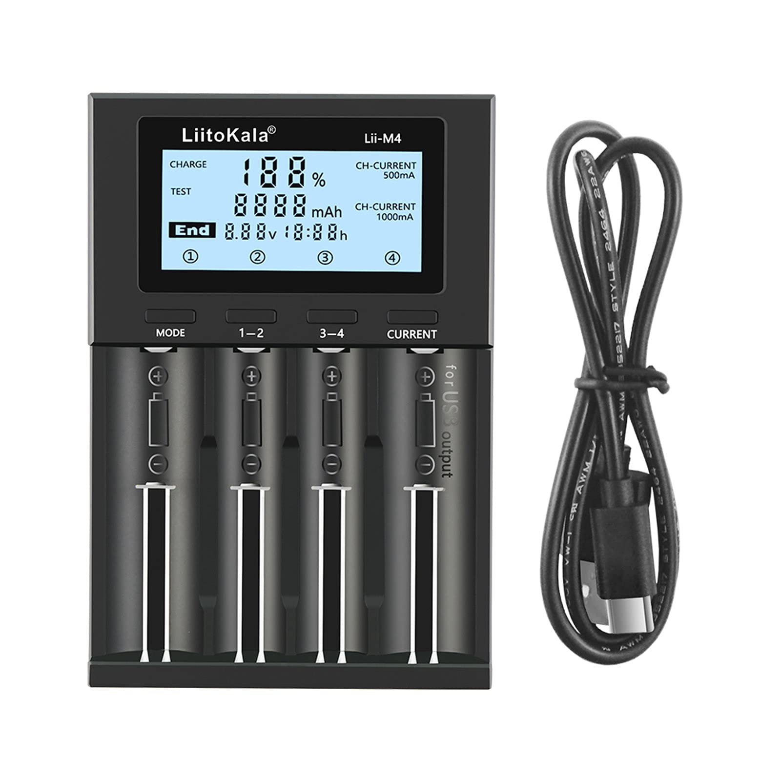 LII-M4 4-Slot Smart Battery Charger with LCD Display - Fast Charging for 18650, 26650, 14500, AA, AAA Lithium & NiMH Rechargeable Batteries - Perfect for Flashlights, Cameras, Toys, and Electronic Devices