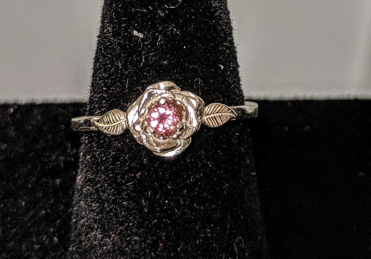 Solid Sterling Silver or 14K White/Yellow/Rose Gold Floral Rose with Leaves Ring - Natural Gemstone Promise Ring (Size 4-7) for Weddings, Anniversaries & Romantic Gifts
