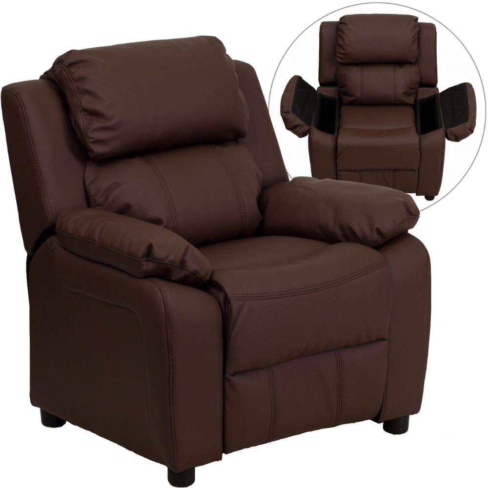 Flash Furniture Charlie Deluxe Padded Contemporary Brown LeatherSoft Kids Recliner with Storage Arms - Comfortable Children's Chair for Bedroom, Playroom & Reading Nook