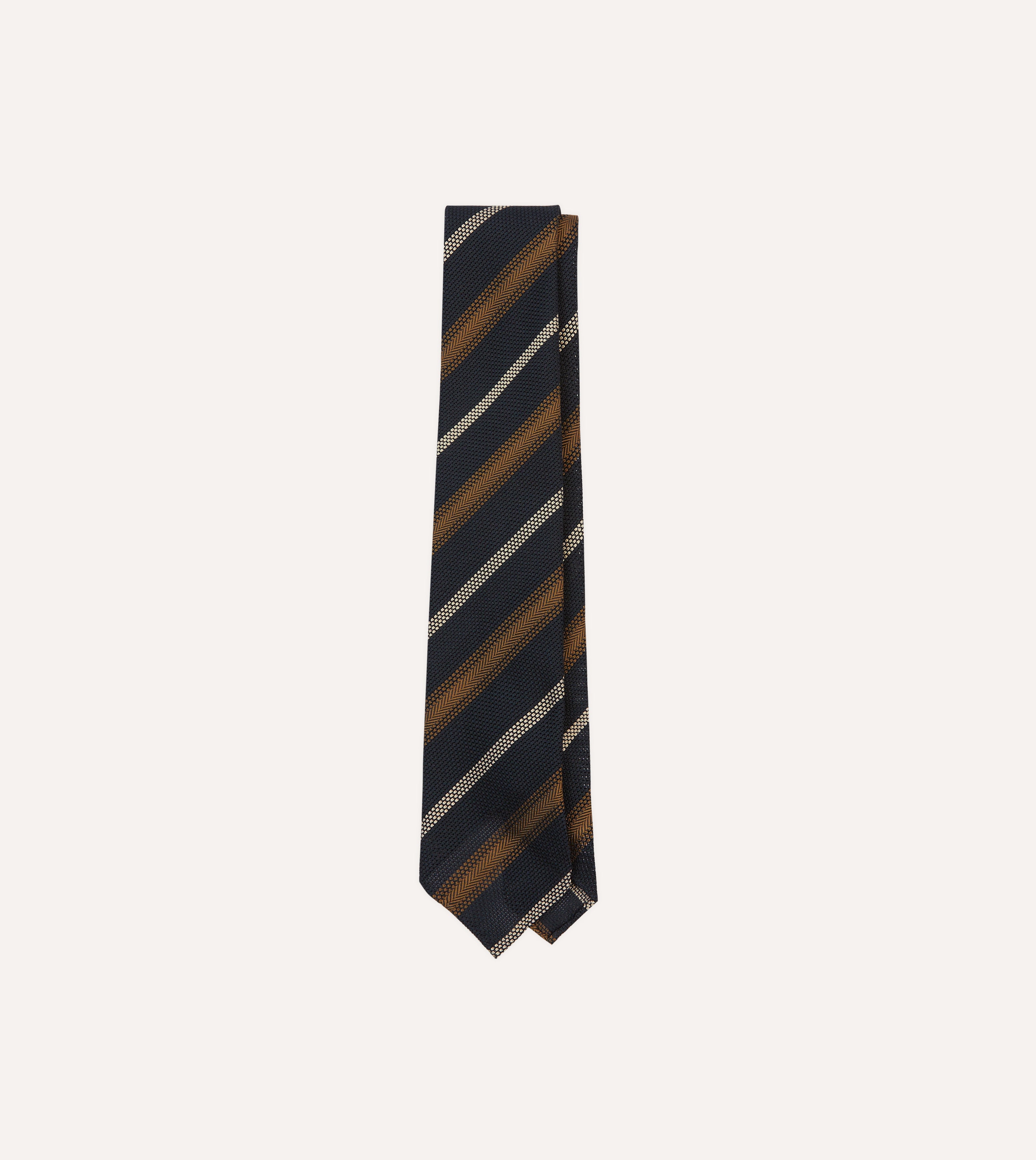 Premium Navy, Gold & Ecru Striped Hand-Rolled Silk Grenadine Necktie for Men - Elegant Business, Wedding & Formal Occasion Accessory