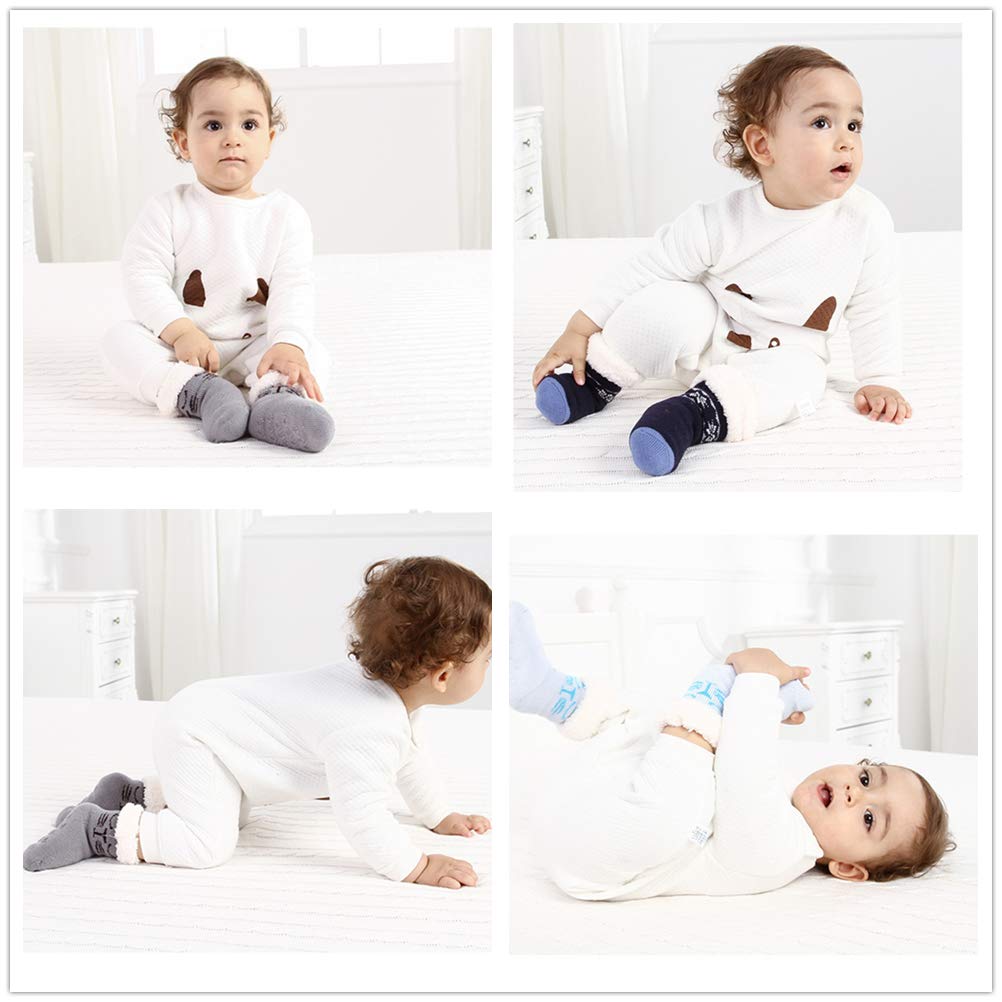 3 Pairs Sherpa-Lined Fuzzy Socks for Toddler Girls & Boys - Non-Slip Grips, Warm Winter Socks for Babies & Kids - Perfect for Christmas Gifts, Indoor Play & Cozy Home Wear