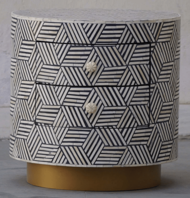 Handmade Bone Inlay Two-Drawer Cylinder Nightstand - Vintage Boho Bedside Table for Small Spaces, Bedroom Decor & Apartment Essentials