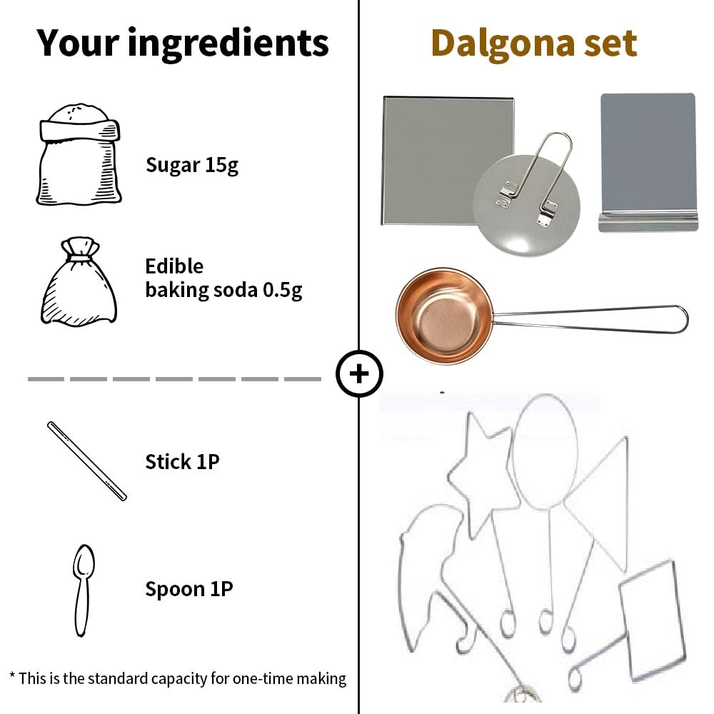 Korean Candy Making Kit - Complete 9-Piece Dalgona Candy Set with Shapes, Bottom Tray, Ladle, Press Tray, Dragger - DIY Korean Honeycomb Toffee Supplies - Includes Baking Soda - Perfect for Home Baking, Party Activities & K-Drama Inspired Treats