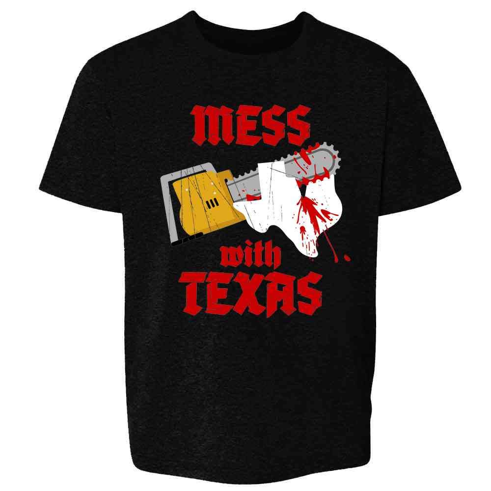Pop Threads Mess with Texas Horror Chainsaw Movie Parody T-Shirt for Youth & Kids - Funny Graphic Tee for Boys & Girls - Perfect for Halloween, Movie Nights & Casual Wear