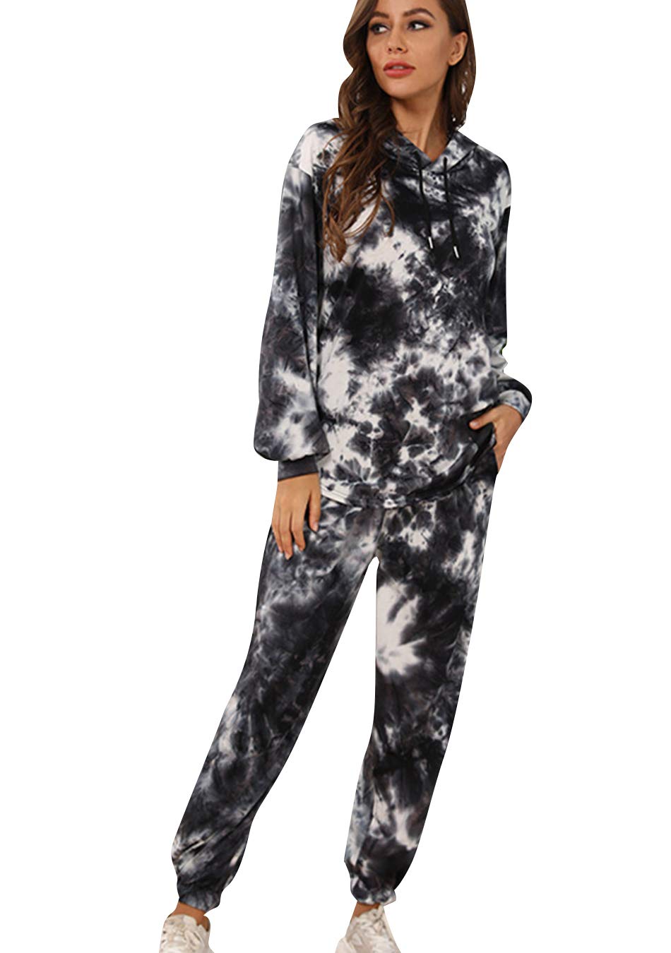 EFOFEI Women's Tie-Dye Long Sleeve Sweatsuit Set - Casual 2 Piece Pullover Hoodie & Drawstring Jogger Pants with Pockets | Lounge Wear, Athleisure Outfit for Yoga, Running & Street Fashion