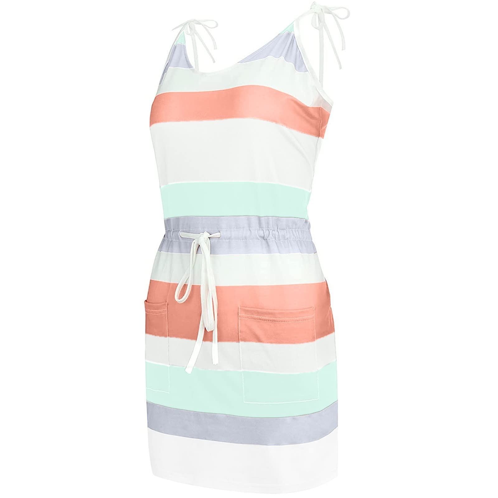 Women's Casual Cocktail Dress Summer Beach Party Striped Contrast Pocket Dress - Perfect for Outdoor Weddings, Vacation Getaways & Summer Cocktail Parties
