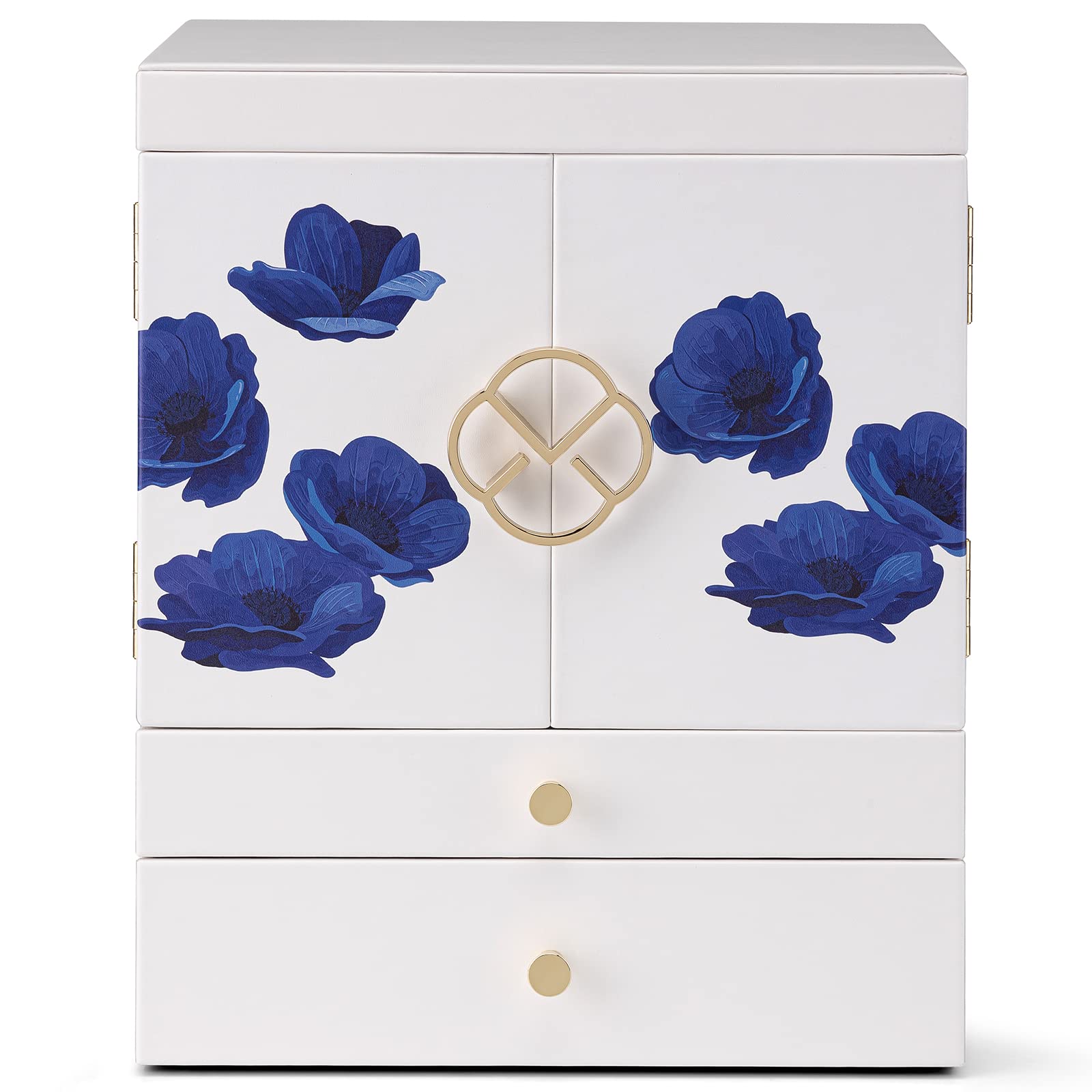 Vlando Large Jewelry Organizer Box - Premium Faux Leather Jewelry Storage Case with Blue Petal Design for Women | Perfect Gift for Christmas, New Year, Thanksgiving | Ideal for Travel, Home Decor and Jewelry Display