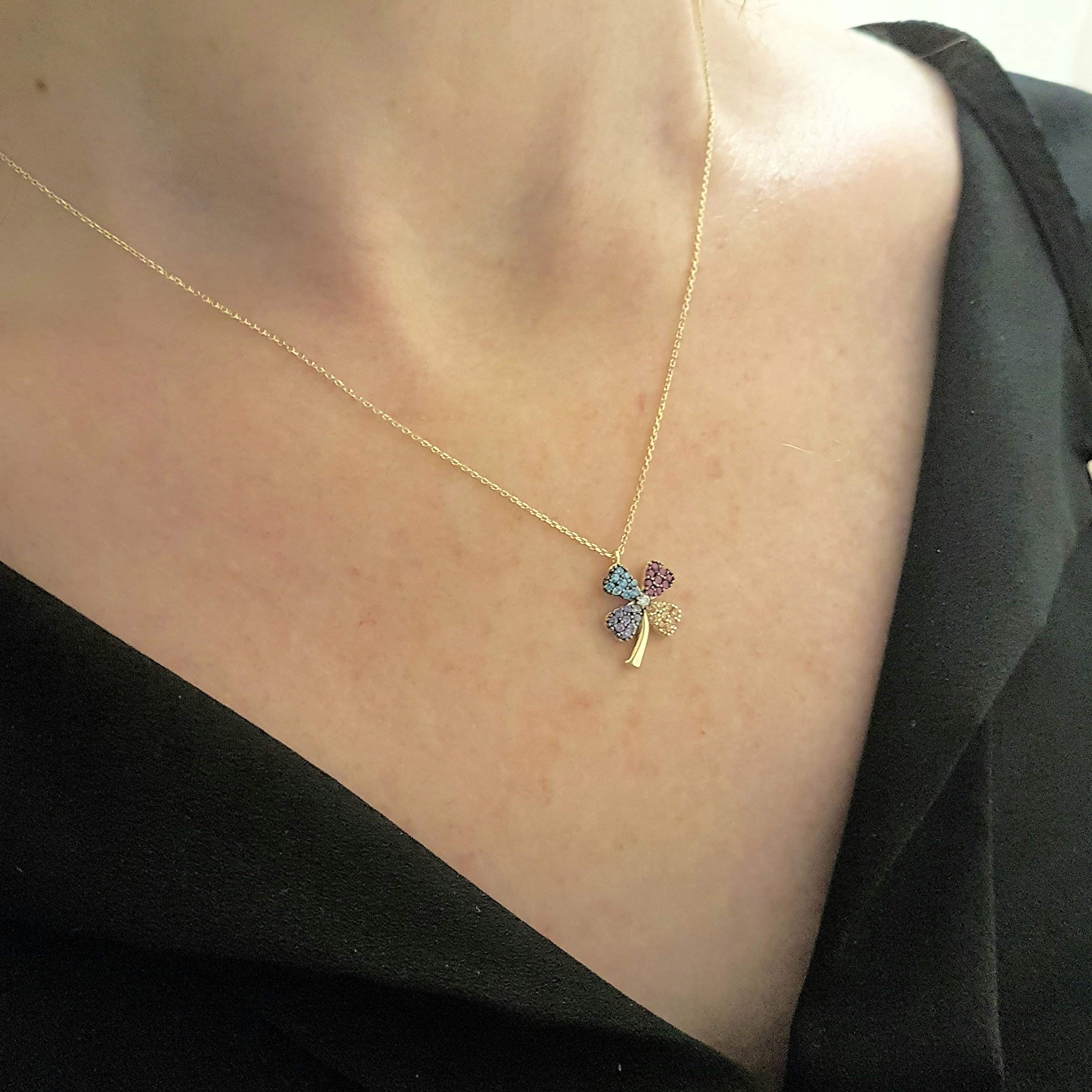 14K Solid Gold Four Leaf Clover Necklace for Women - CZ Multi Color Dainty Pendant Jewelry | Elegant Gift for Mom, Wife, Girlfriend | Perfect for Birthday, Christmas, Anniversary & Everyday Wear