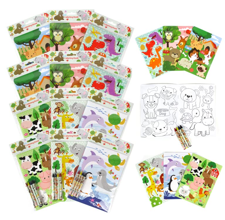 Animal Coloring Books for Kids - 12 Books & 48 Crayons - Party Favors & Classroom Rewards for Birthday Gifts