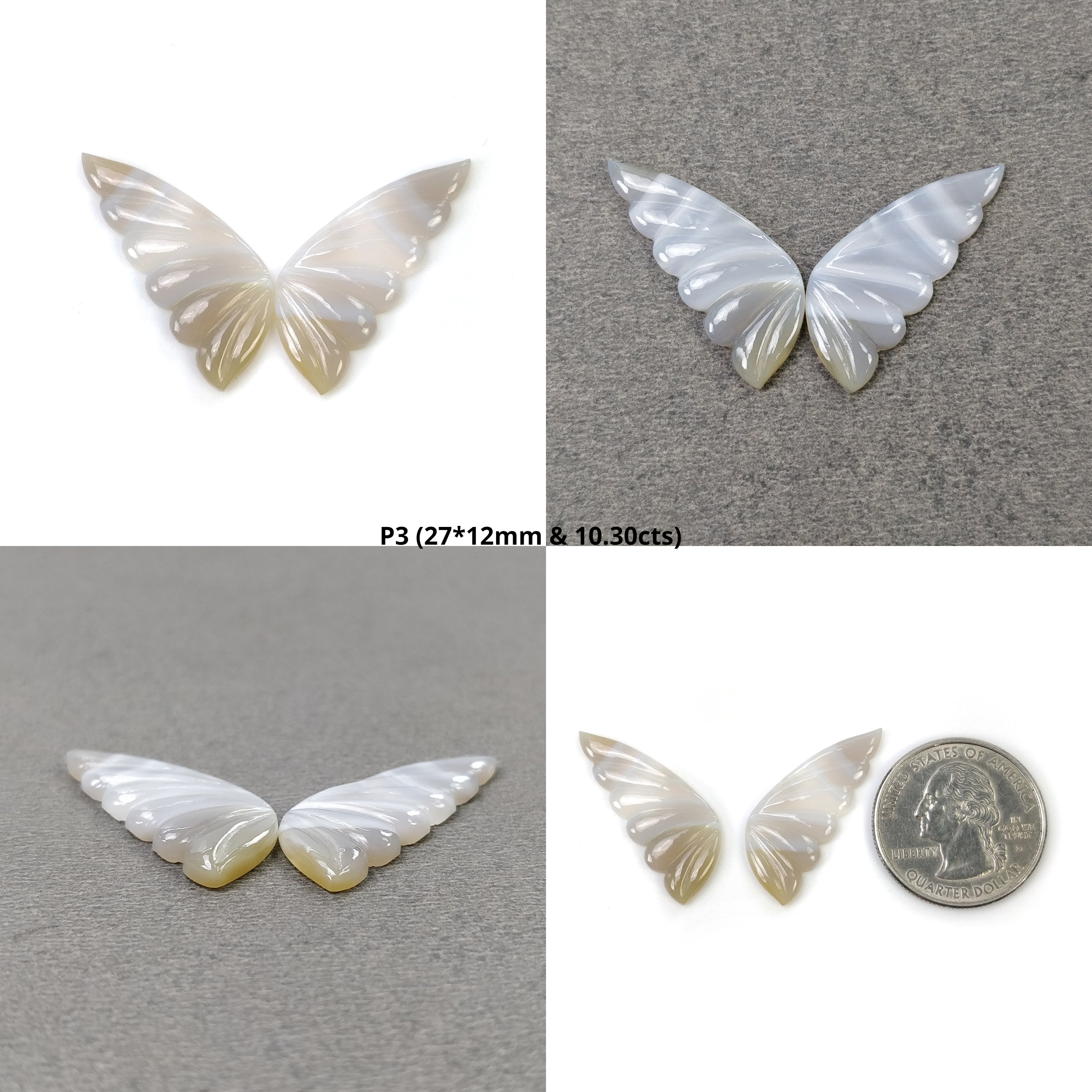 Natural Untreated Botswana Striped Agate Gemstone Carving - Hand Carved Bi-Color Agate Butterfly Pair (27x12mm & 31x11mm) | Unique Jewelry Making Supplies, Crystal Healing, Meditation & Gift Idea
