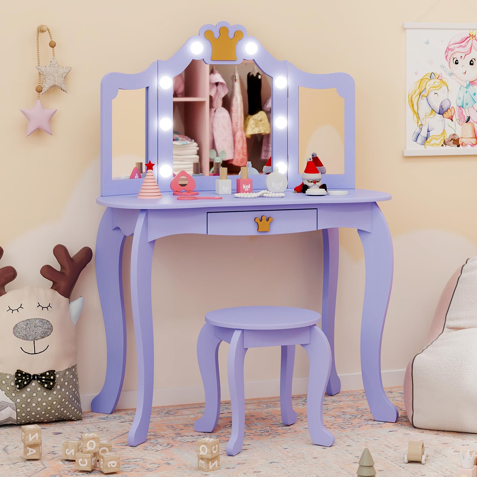 Costzon Kids Vanity Set with LED Lights & Stool - Princess Makeup Dressing Table with Mirror & Drawers for Girls - 2-in-1 Toddler Vanity Play Set (Violet) - Perfect for Pretend Play, Birthday Gifts & Bedroom Decor