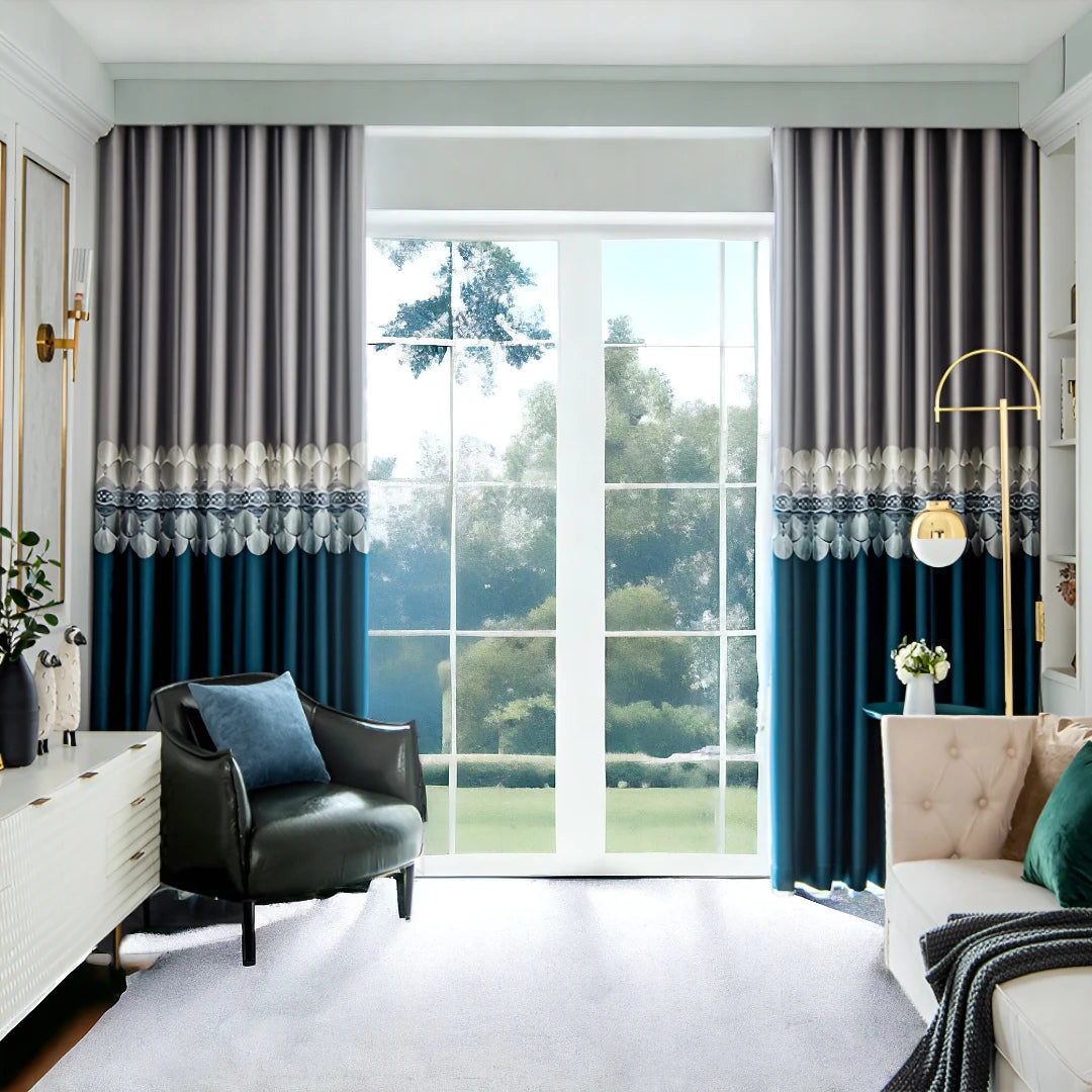 Custom Embroidered Color Blocking Soundproof Blackout Curtains - Thermal Insulated Room Darkening Drapes for Bedroom, Living Room & Home Theater