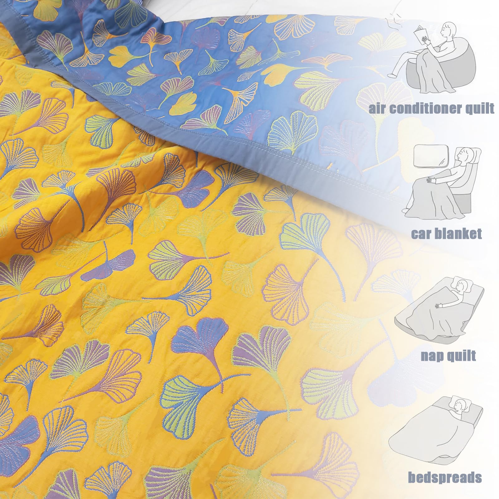 Ginkgo Leaf Pattern Cotton Reversible Quilt - Lightweight Muslin Summer Comforter King Size - Soft Breathable Bedspread Coverlet - Washable Quilted Throw Blanket for Bed, Couch, Sofa & Guest Room - Perfect for Summer Nights, Airy Home Decor and Cozy Lounging