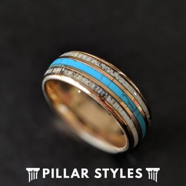 **Tungsten Deer Antler Ring for Men - 18K Rose Gold Wedding Band with Turquoise Inlay, 8mm Wide, Nature-Inspired Rustic Jewelry - Perfect for Outdoor Enthusiasts, Anniversary Gifts, and Unique Wedding Bands**    *(Use Case: Ideal for nature lovers, hunters, or those seeking rugged yet elegant wedding bands, anniversary gifts, or statement jewelry for outdoor adventures.)*