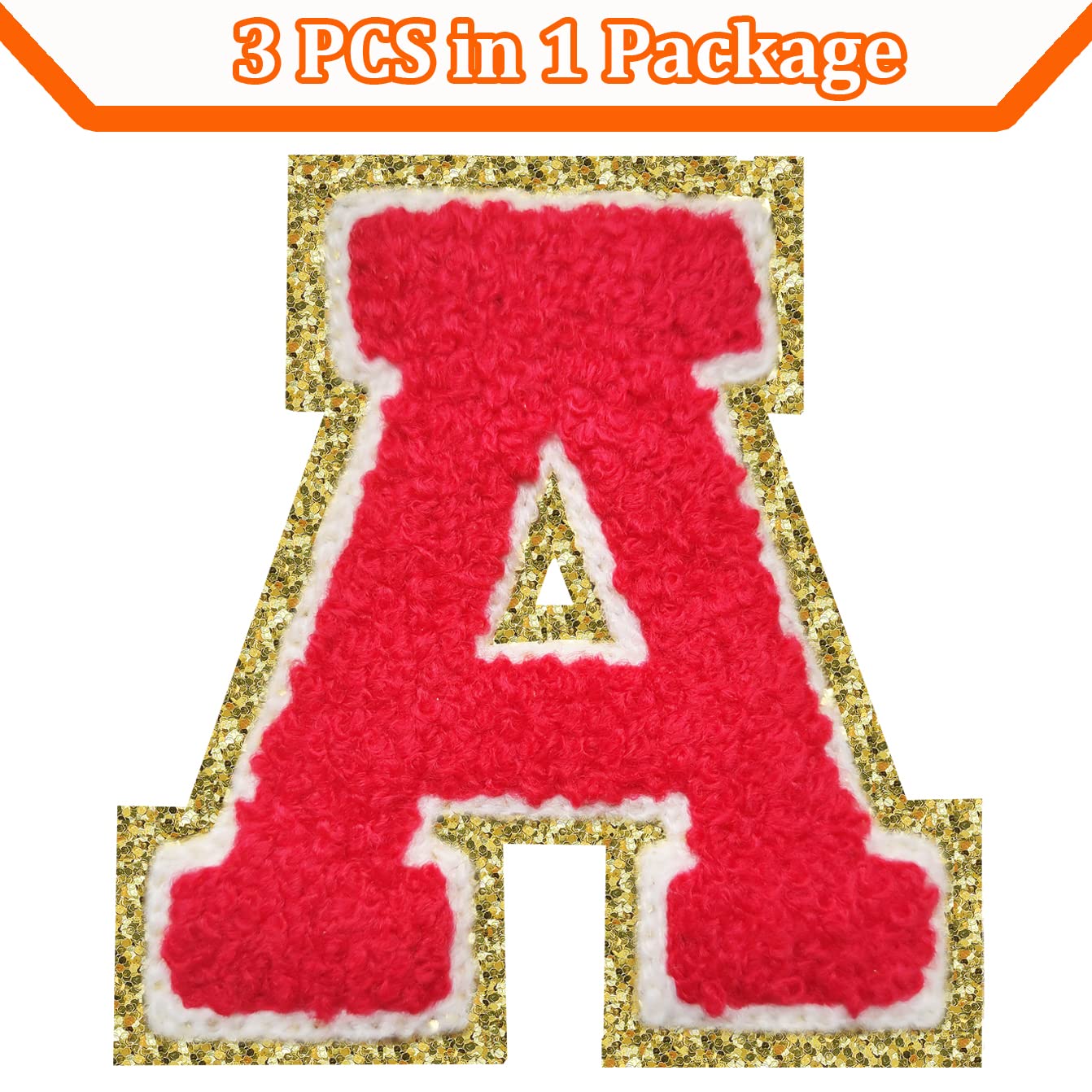 3Pcs Chenille Iron-On Letter Patches for Jackets - 3.2 Inch Varsity Letters, Glitter Embroidered Appliques (Red A) - Perfect for Letterman Jackets, Backpacks & DIY Crafts