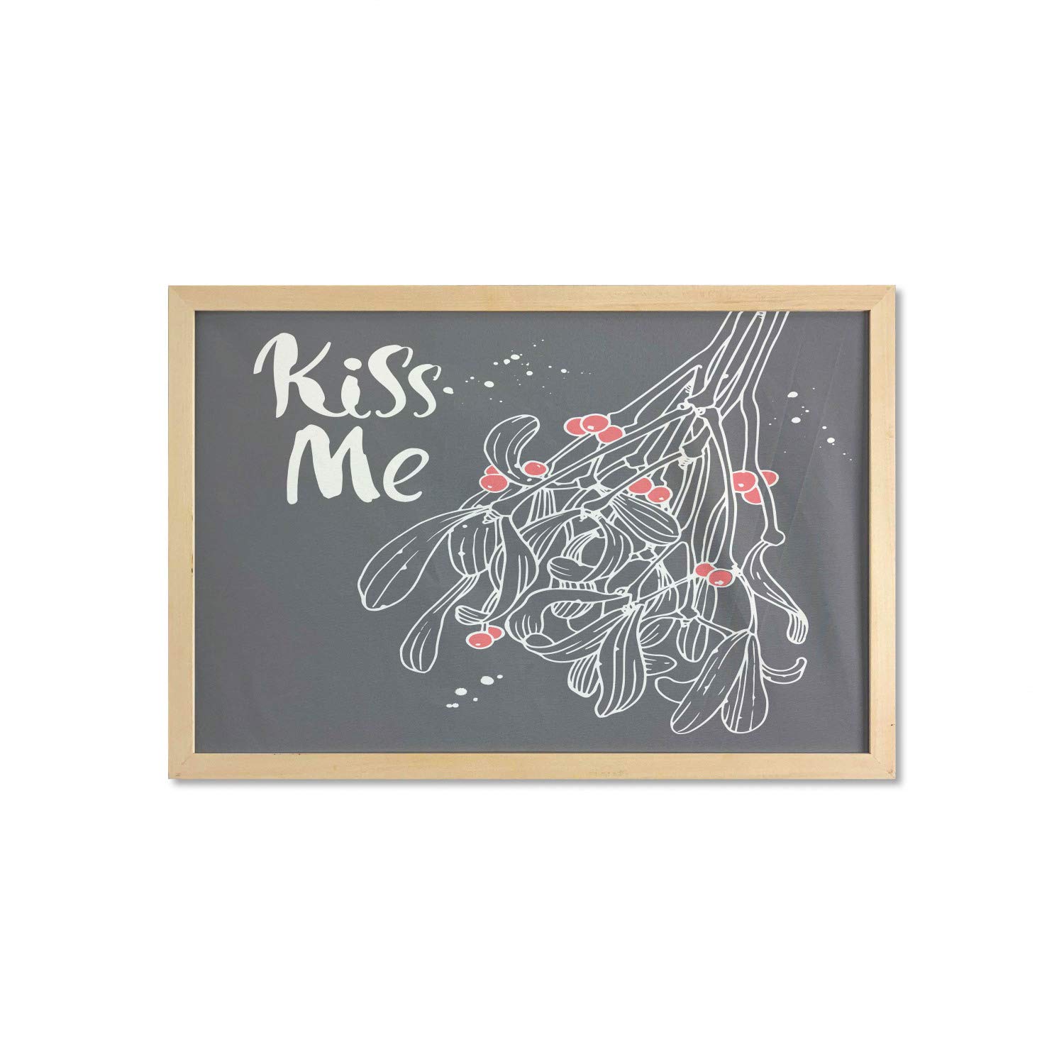 Ambesonne Romantic Kiss Me Wall Art with Frame - Christmas Mistletoe Sketch & Handwritten Inscription - 35x23 Inch Printed Fabric Poster for Bathroom, Living Room, Bedroom, Dorm Decor - Charcoal Grey Vermilion - Perfect for Holiday Home Decor & Gift Giving