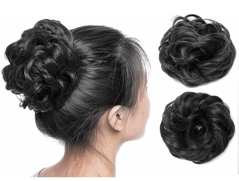 FLUSHIA 2PCS Messy Bun Hair Extensions with Elastic Band - Synthetic Hair Scrunchies for Women & Girls (Black) - Perfect for Quick Hairstyles, Parties & Everyday Wear