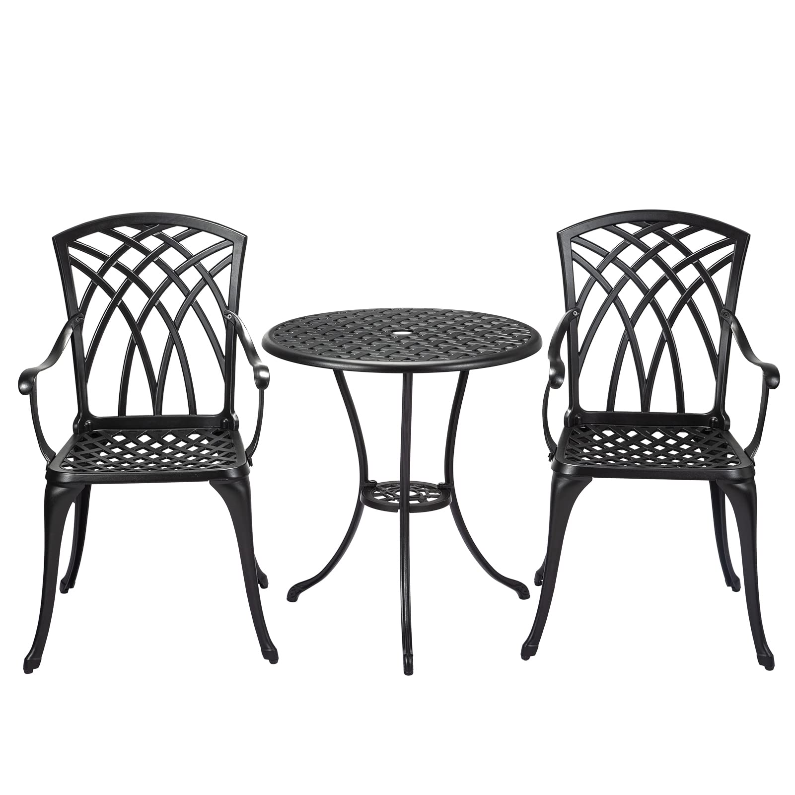 IDEALHOUSE 3-Piece Cast Aluminum Patio Bistro Set with Umbrella Hole - Rust-Resistant Outdoor Table and Chairs for Garden, Backyard, Balcony - Indoor/Outdoor Use - Perfect for Coffee Mornings, Outdoor Dining, and Relaxing in Black