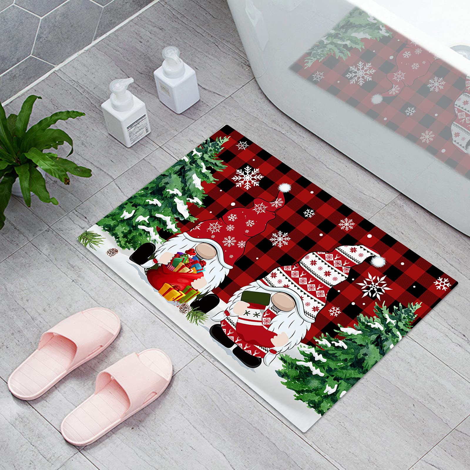 Christmas Buffalo Plaid Doormat - Non-Slip Water Absorbent Indoor Entrance Rug with Snowflake & Tree Design (20