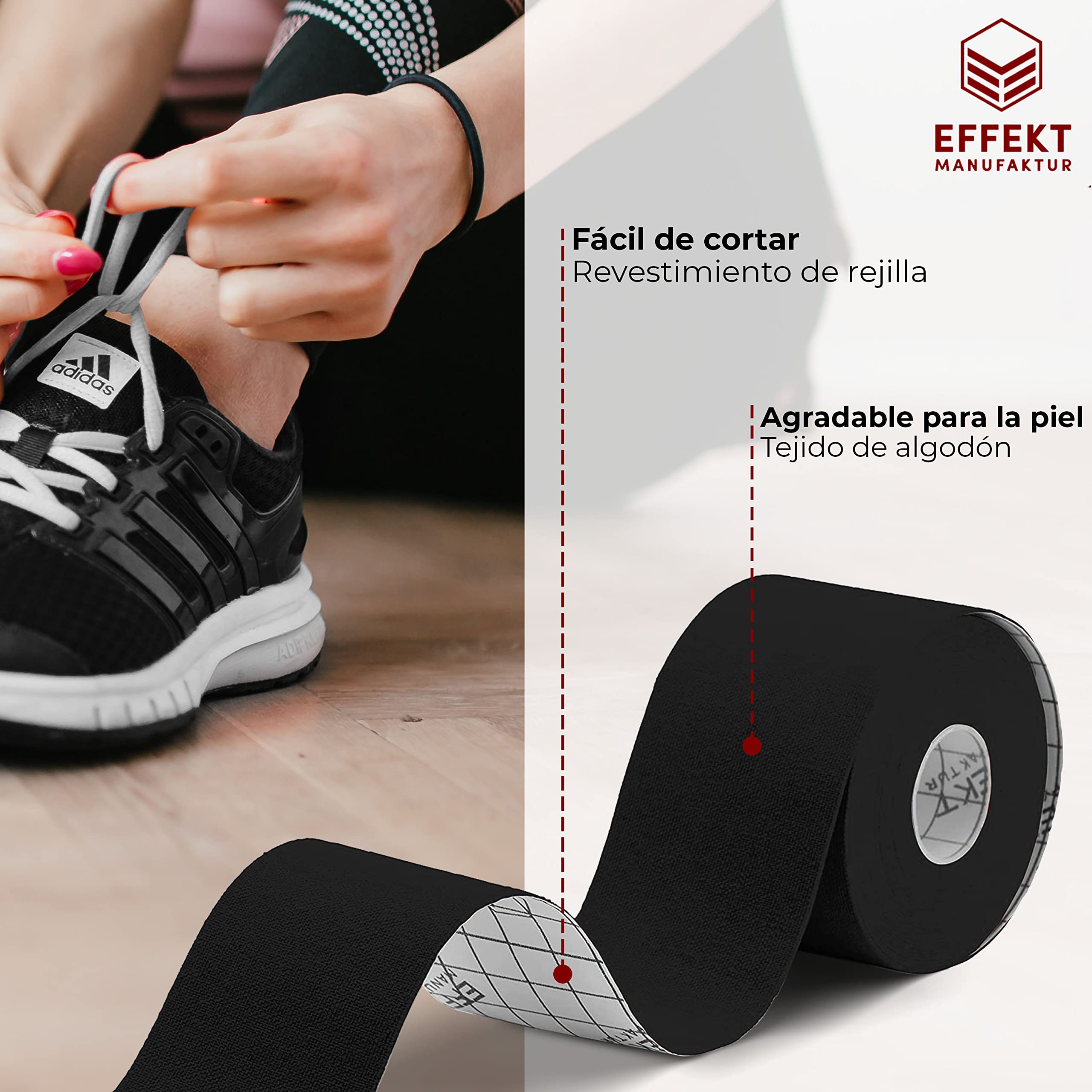 **Effekt Manufaktur Kinesiology Tape - Waterproof Elastic Physio Tape (16 ft x 2 in, 1 Roll) for Muscle Support, Injury Recovery & Pain Relief | Durable Kinetic Medical Tape for Athletes, Runners & Physical Therapy (Black)**