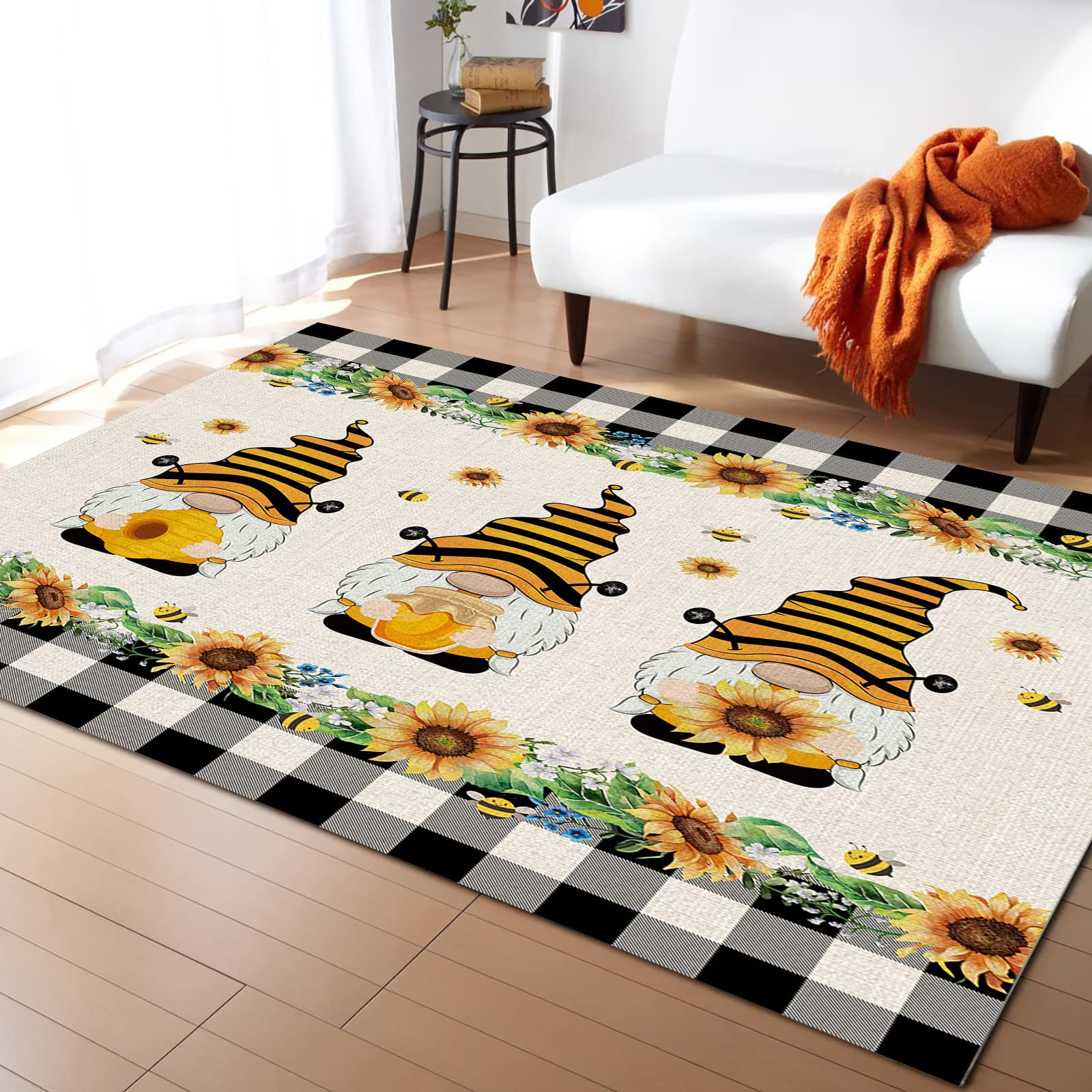 Spring Summer Bee Gnomes Honey Themed 5'x8' Washable Area Rug - Indoor Outdoor Kitchen, Living Room, Bathroom, Bedroom, Classroom & Laundry Room Decor - Country Sunflower Black White Lattice Doormat for Farmhouse, Cottage & Boho Style Homes