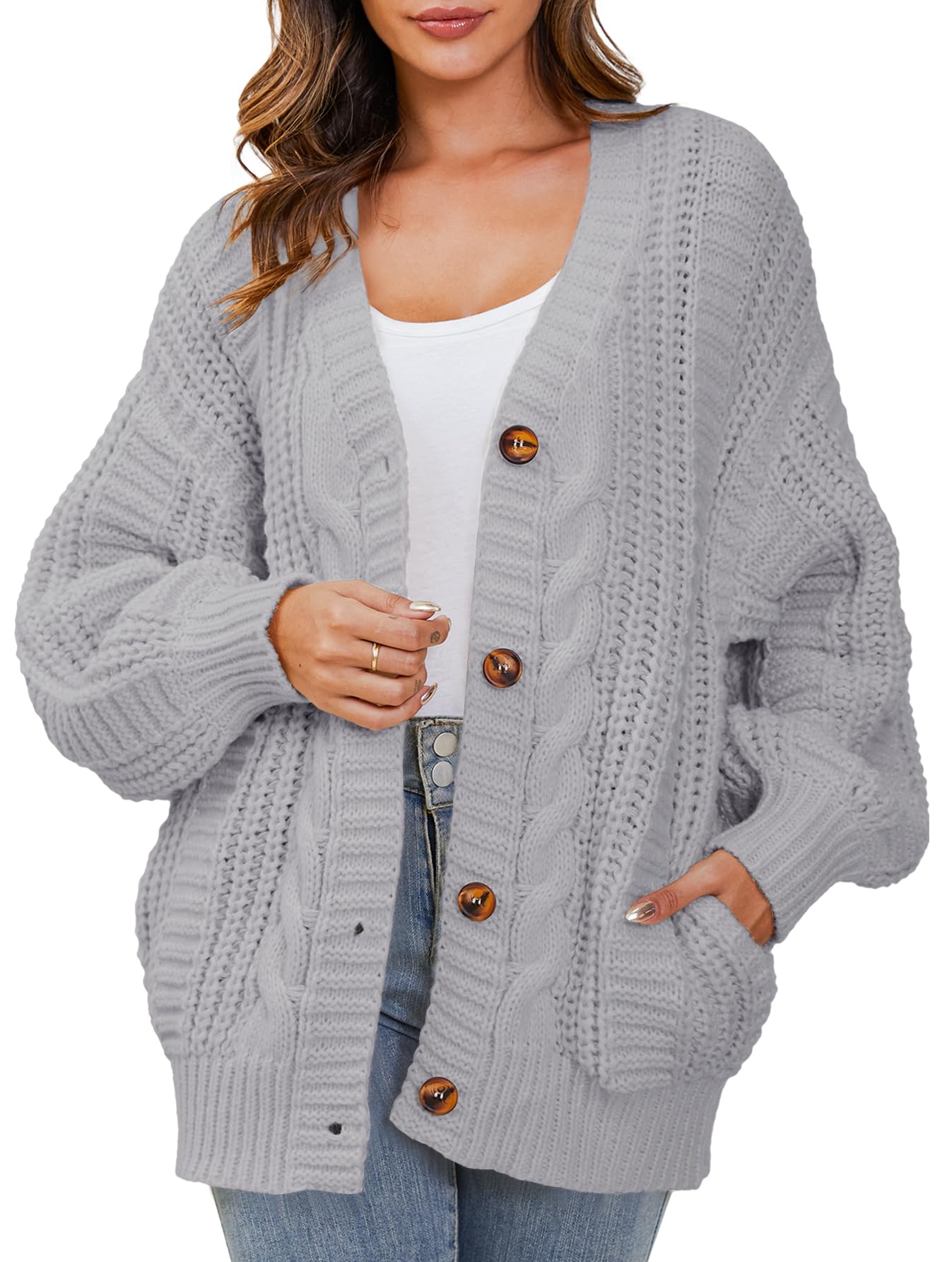 YKR Women's Oversized Chunky Knit Cardigan Sweater with Open Front & Lantern Sleeves - Cozy Button Down Fall Winter 2024 Fashion for Casual Wear, Office & Coffee Dates