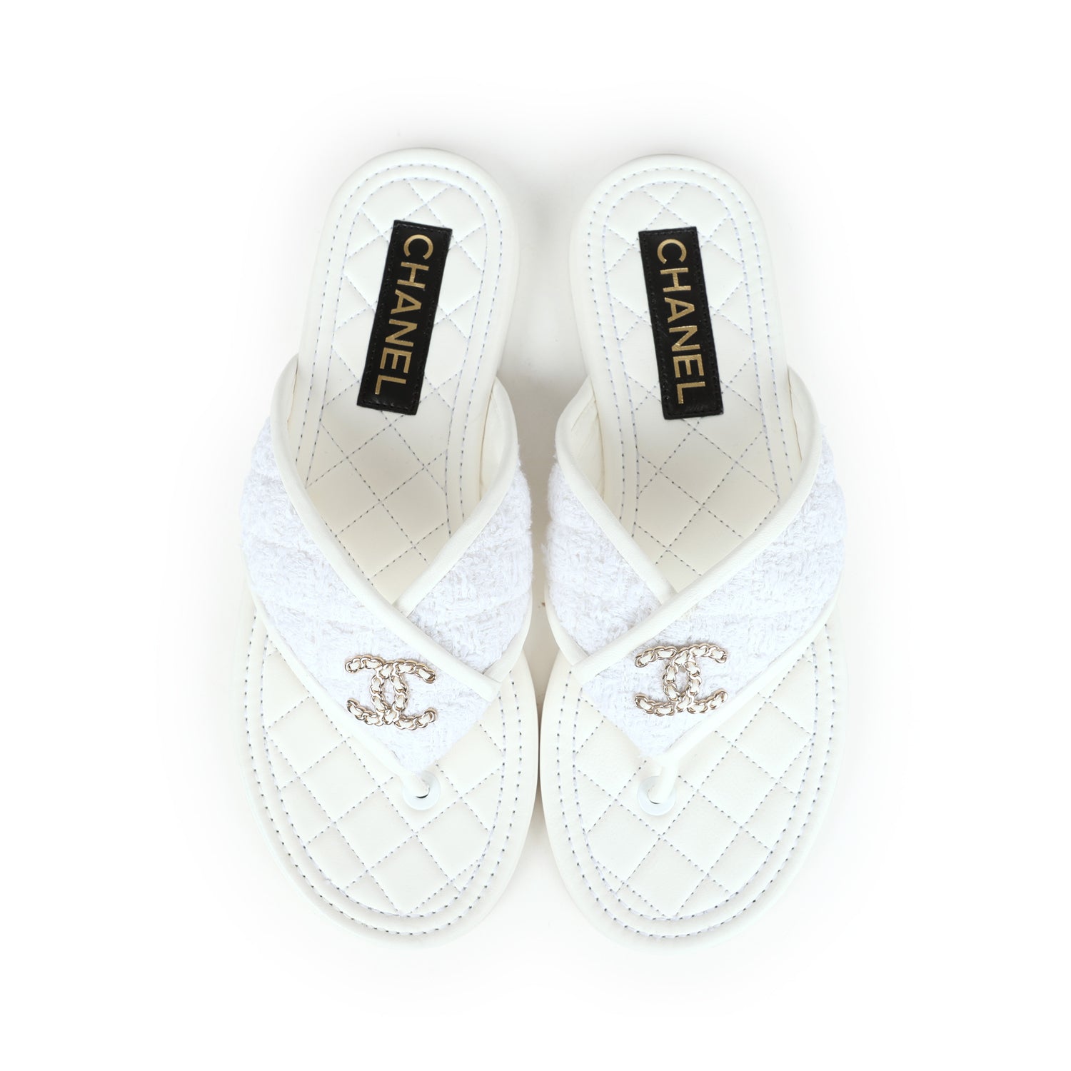 Chanel CC Logo Thong Sandals - White Lambskin & Tweed - Size 38 EU - Gold Hardware - Luxury Summer Sandals for Beach & Casual Outings