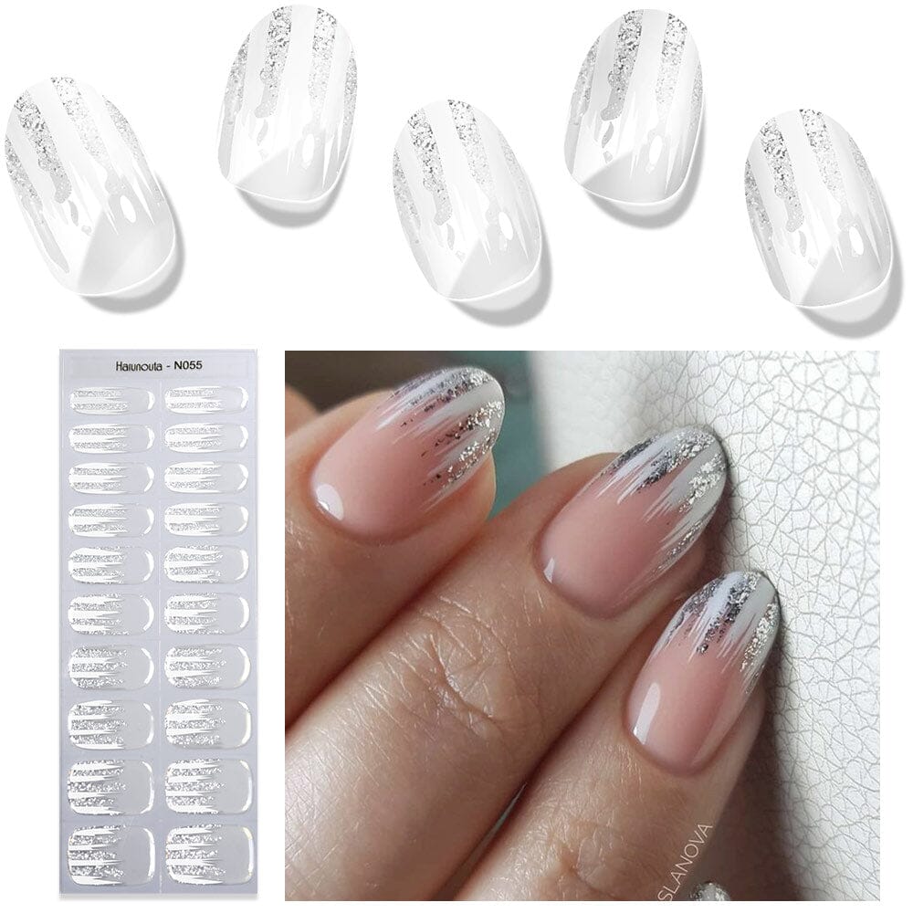 20 Tips White Shimmer Semi Cured Gel Nail Strips N055 - DIY Salon-Quality Manicure at Home for Parties & Special Occasions
