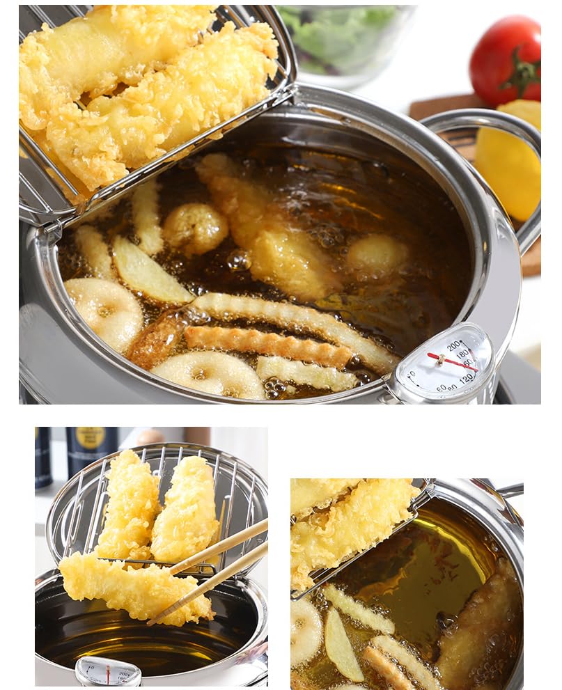 Japanese Style Tempura Deep Fryer Pot with Thermometer, Lid & Oil Drip Rack - 7.9 Inch 2.2L 304 Stainless Steel for French Fries, Fish, Shrimp, Chicken - Perfect for Home Kitchen, Restaurants & Party Cooking