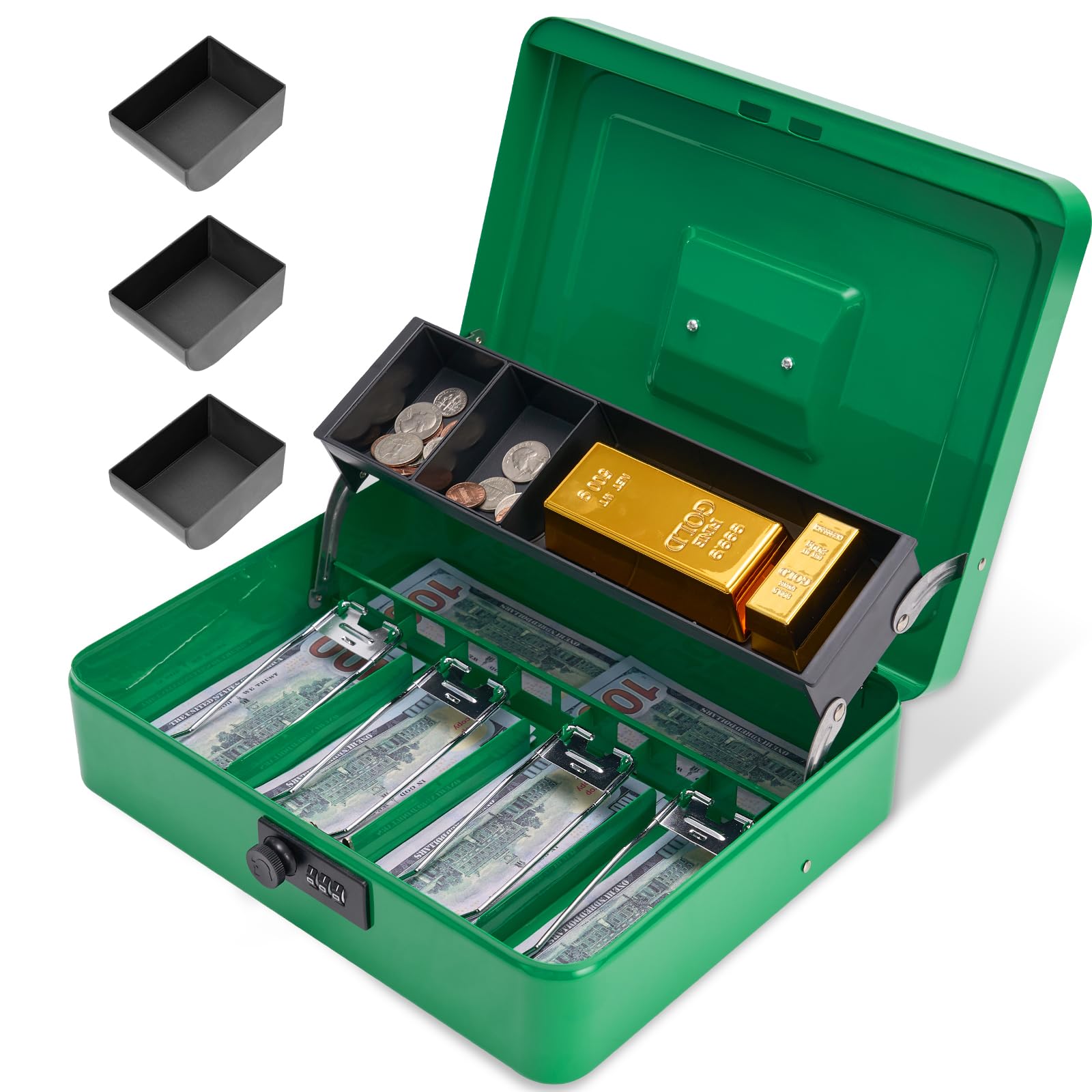 Secure Metal Cash Box with Combination Lock - Money Safe Box with Cash Tray, 4 Bill & 5 Coin Slots (11.8