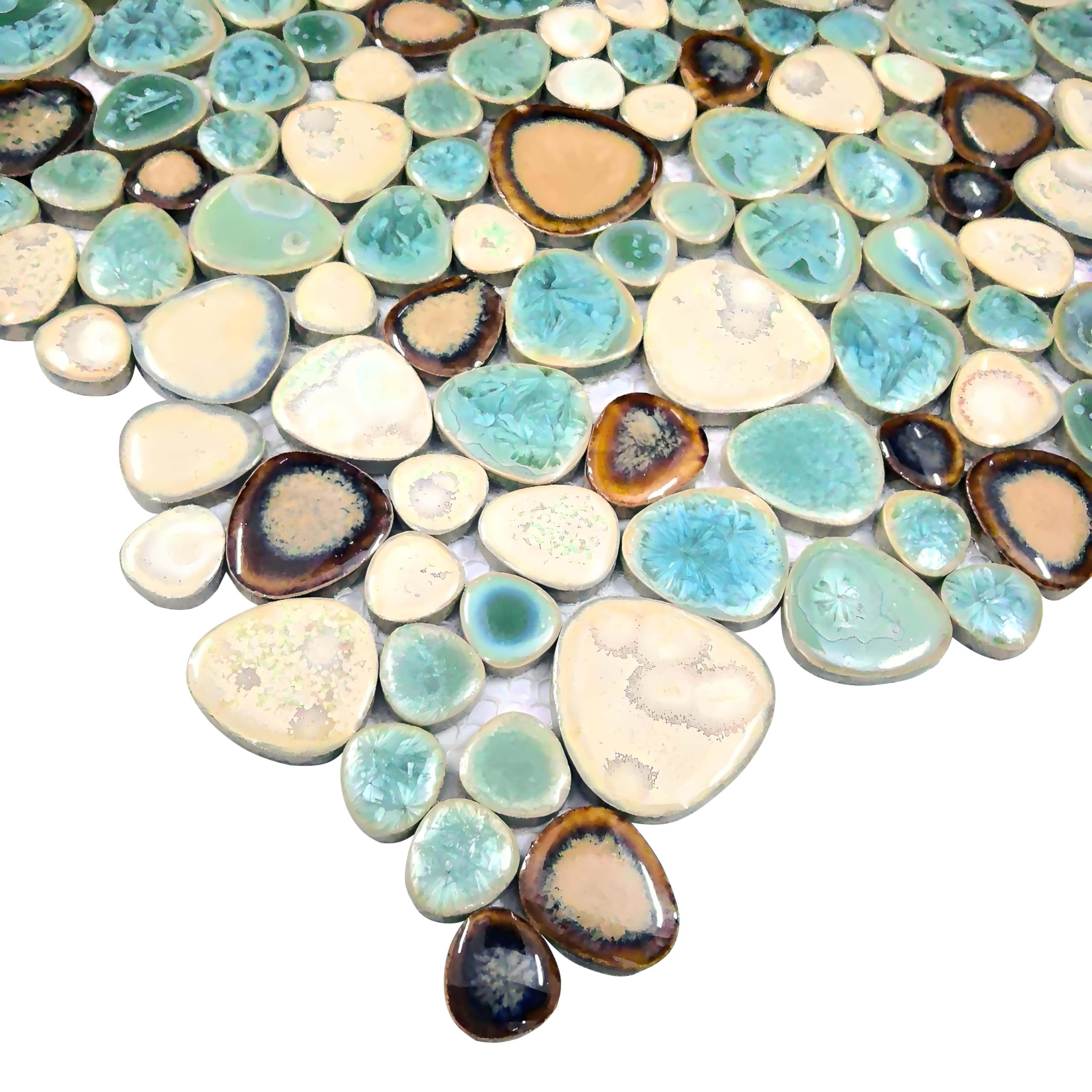 Pebble Porcelain Tile Turquoise Green Cream & Coffee Mosaic - Waterproof Ceramic Floor & Wall Tiles (10 Sq Ft) - Perfect for Kitchen Backsplash, Bathroom Shower, Pool Area & Outdoor Flooring