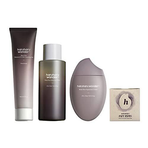 Haruharu Wonder Fermented Black Rice Skincare Set - Daily Cleanser 100ml + Toner 150ml + Moisturizing Cream 50ml + Cotton Pads 50pc | Korean Beauty Routine for Hydration & Anti-Aging | Perfect for Dry & Sensitive Skin Care Regimen