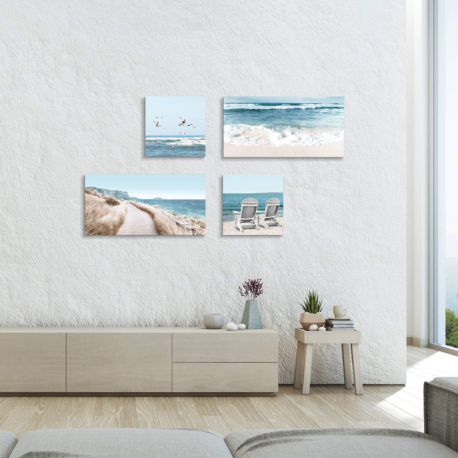 Coastal Beach Canvas Wall Art Set - 12x12 & 24x12 Inch Beach Chair & Seagull Painting Prints for Living Room, Bedroom Decor - Perfect for Beach House, Vacation Home & Coastal Style Interior Design