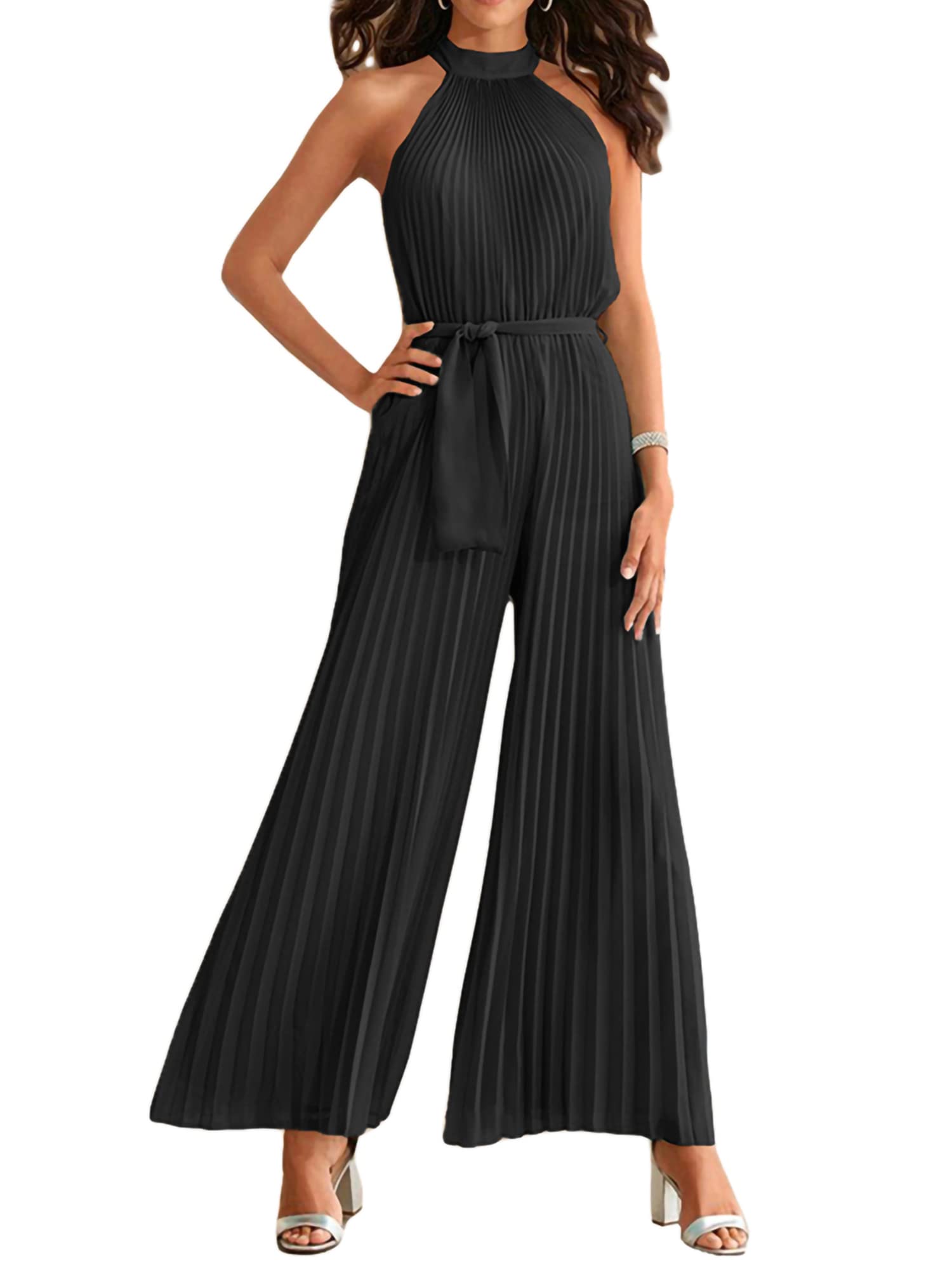 Women's Halter Neck Sleeveless Jumpsuit - Solid Color Pleated High Waist Wide Leg Romper with Adjustable Belt | Summer Beachwear, Casual Outfits, Party Dresses & Vacation Essentials