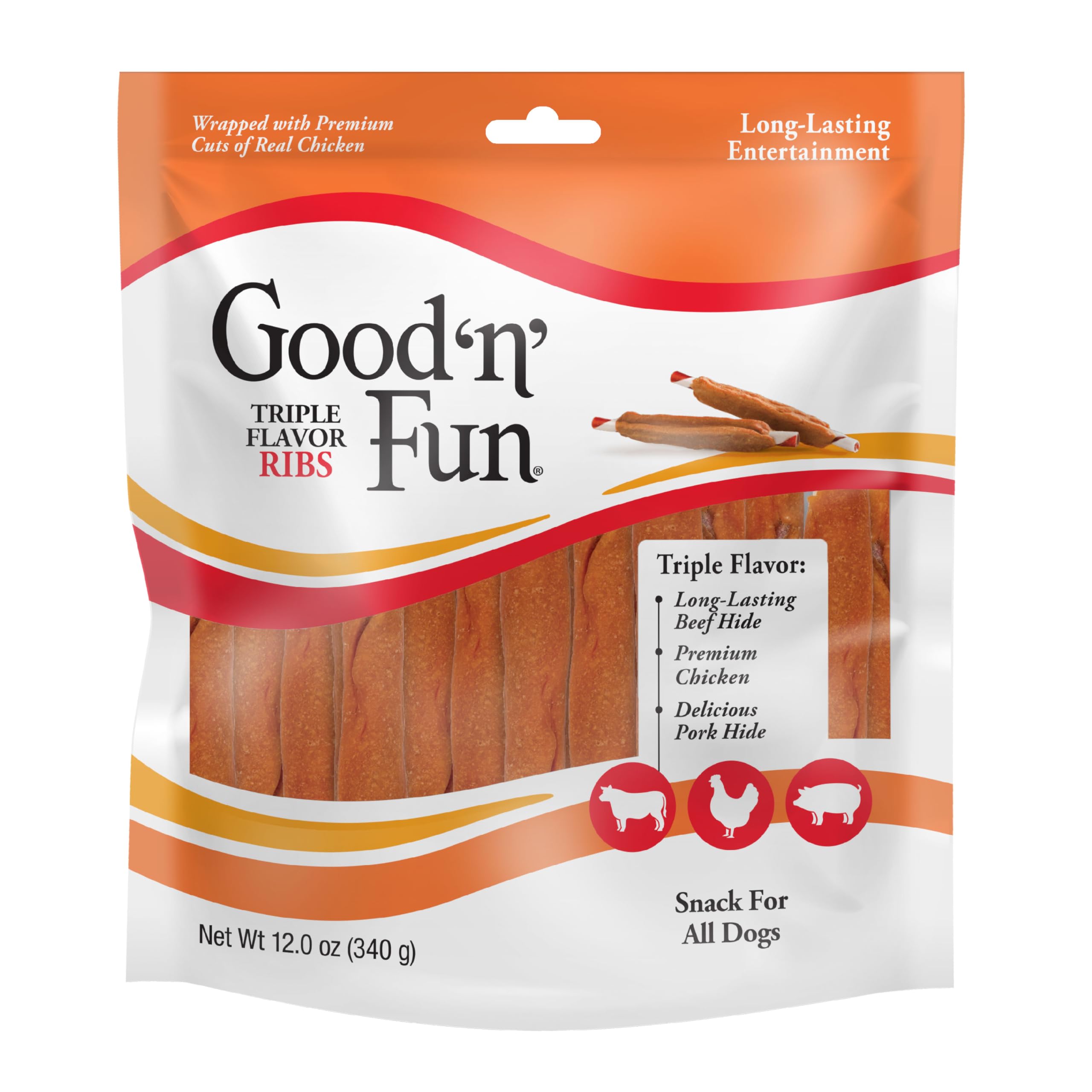 Good ‘n’ Fun Triple Flavor Dog Chews - Beef, Chicken & Pork Hide Long-Lasting Treats for All Dogs (12oz) - Perfect for Training Rewards, Dental Health & Playtime