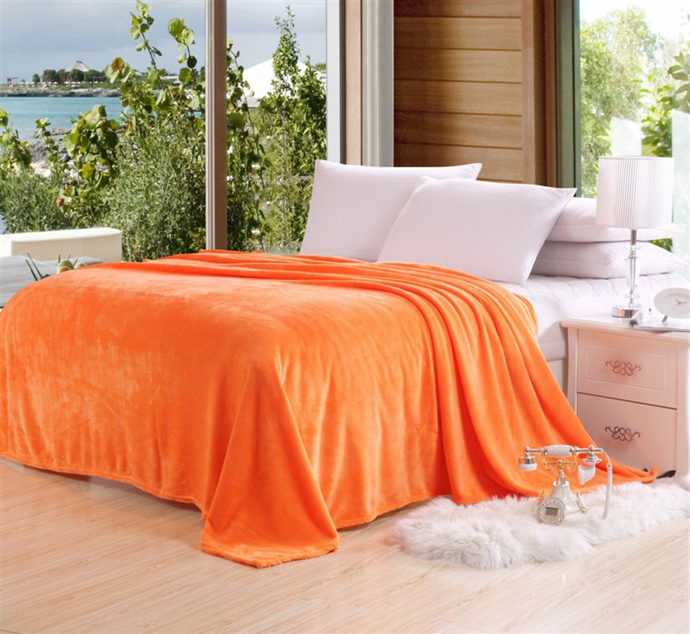 Soft Fleece Blanket Queen Size - Solid Flannel Plush Microfiber Bed Blanket | Lightweight & Cozy for Bed, Sofa, Couch & Travel | Perfect for Winter Nights, Movie Time & Camping - Orange