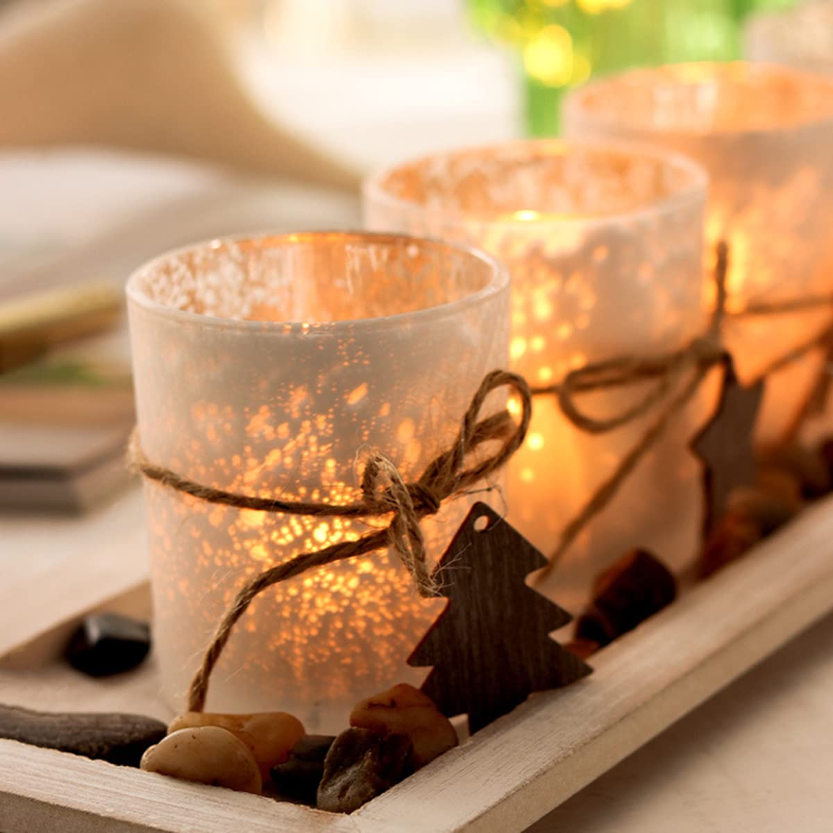 4-Piece Glass Candle Holder Set with Tray - Christmas Tealight Centerpiece for Dining Table & Living Room Decor