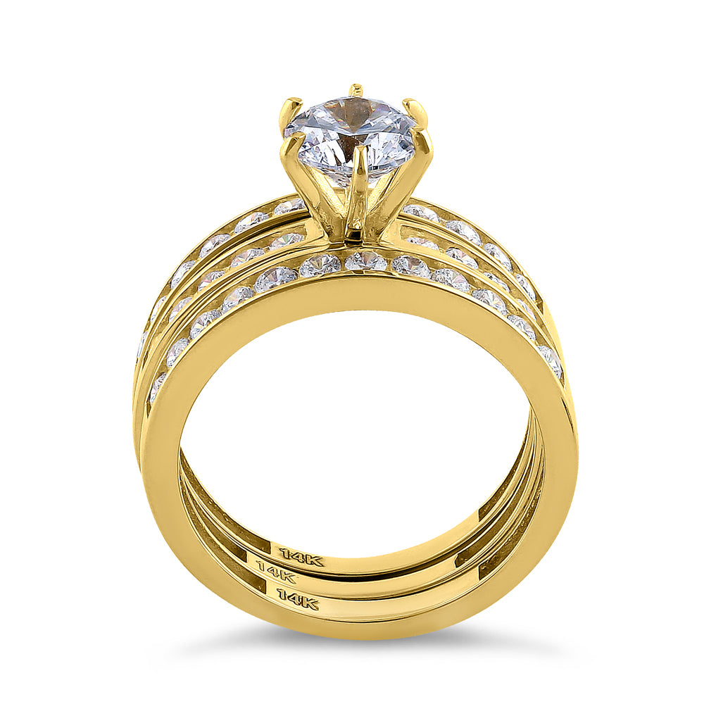 14K Solid Yellow Gold Round Cut Triple CZ Engagement Ring Set - Perfect for Proposals, Anniversaries & Bridal Jewelry Gifts