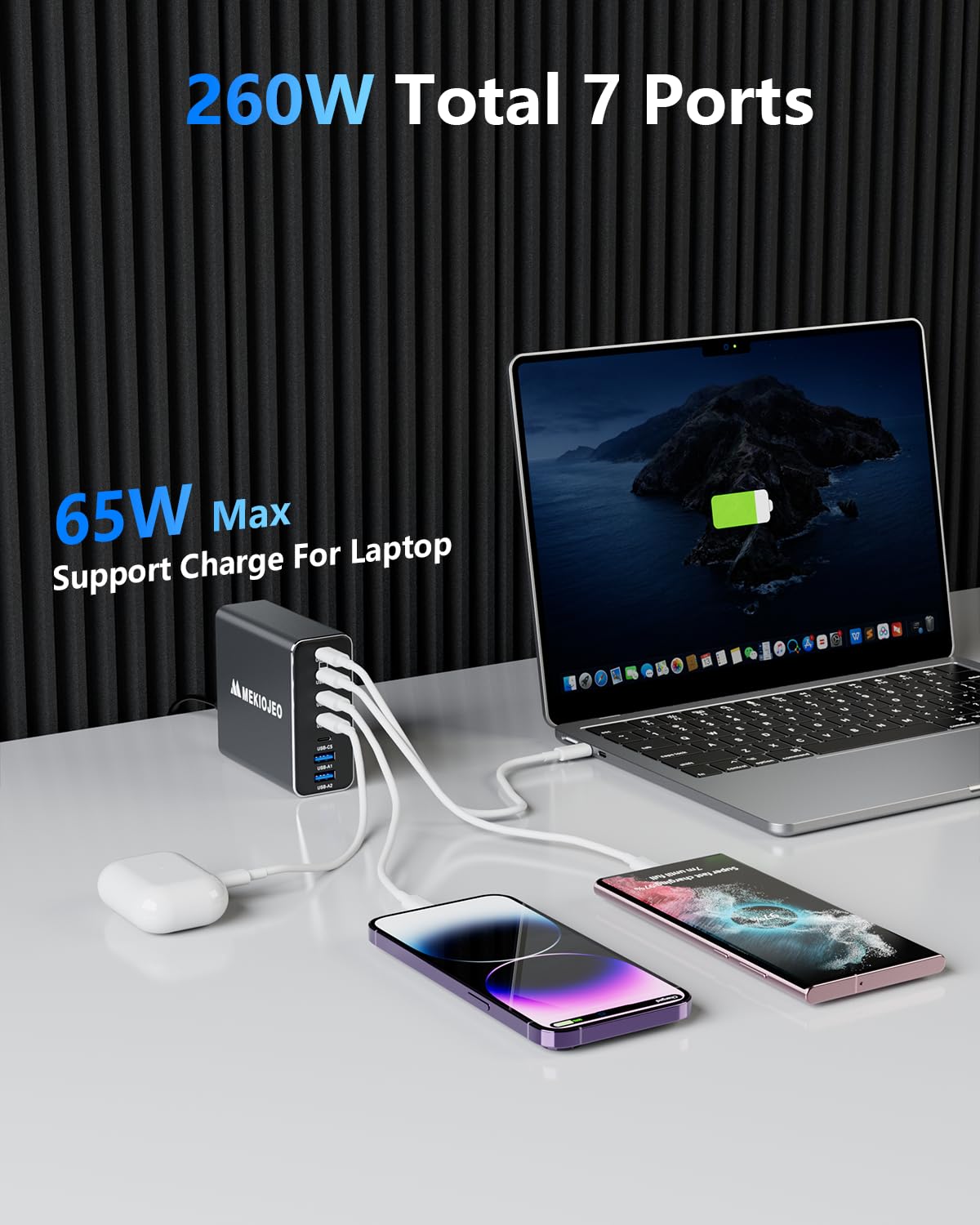 260W GaN Fast Charger Station - 7 Port USB C Charger with 65W Laptop Charging | Aluminum Alloy Design for MacBook Pro/Air, iPad Pro, iPhone | Perfect for Home, Office & Travel (Grey)