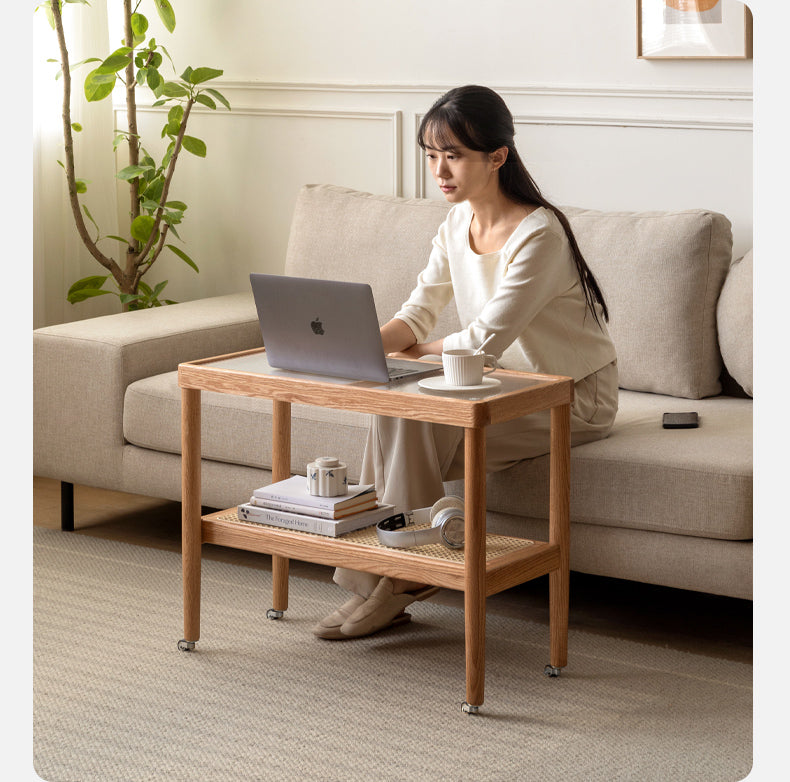 Solid Oak Wood Japanese Style Glass Rattan Rocking Side Table - Portable End Table for Living Room, Bedroom, or Outdoor Patio Decor