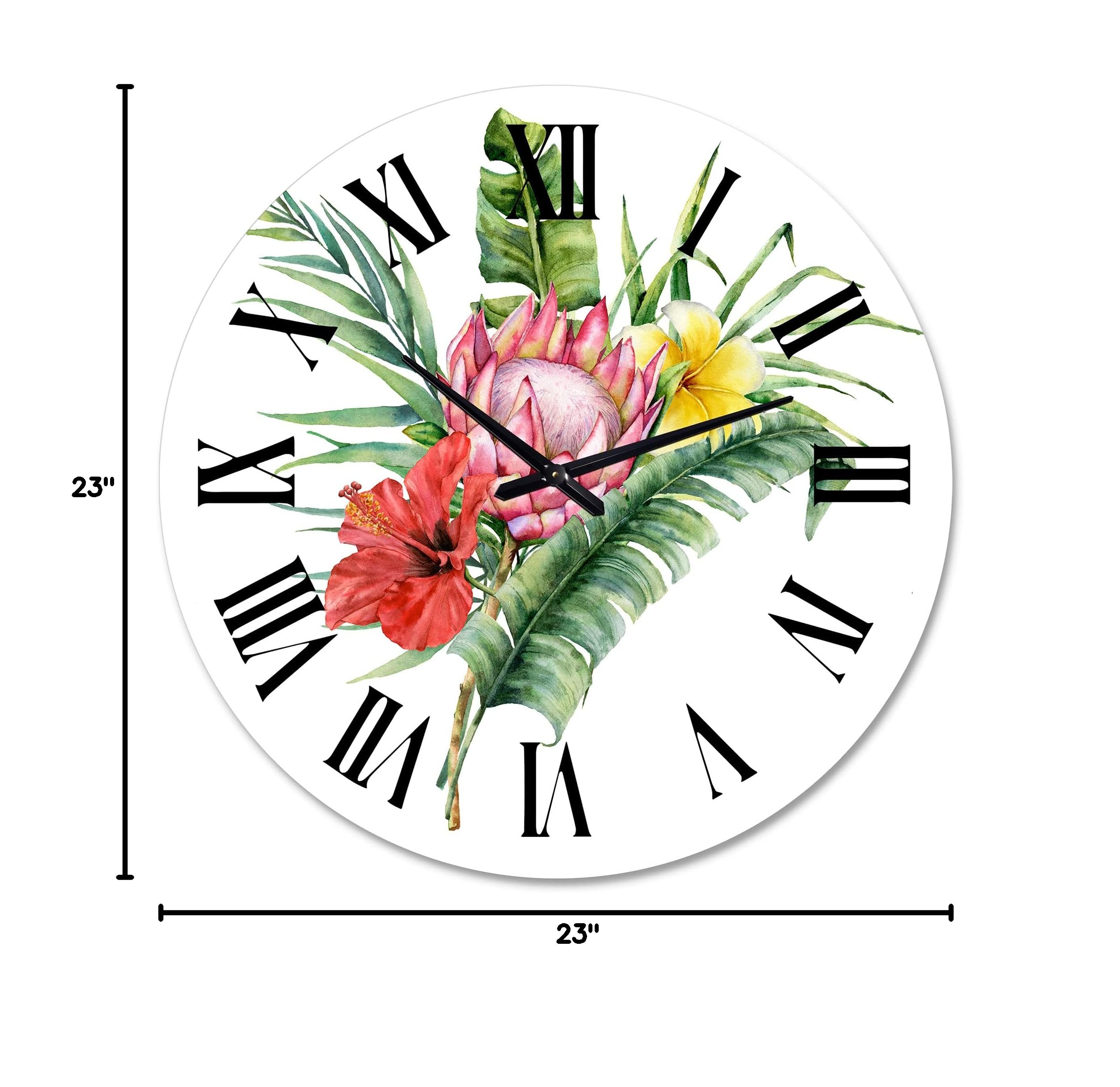 DesignQ Traditional Wall Clock - Large Floral & Botanical Wall Decor with Protea, Hibiscus, Plumeria Flowers Bouquet - Perfect for Living Room, Bedroom, or Office Decoration