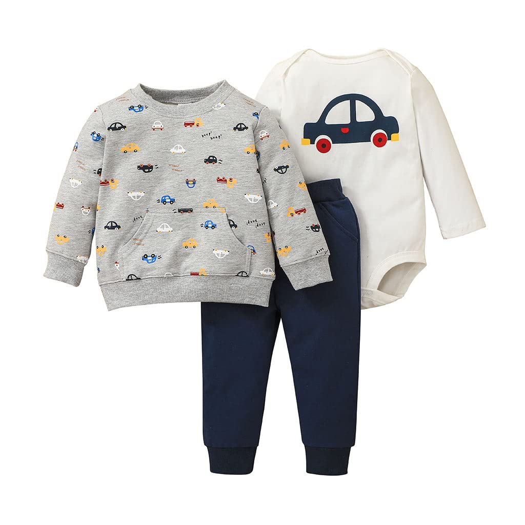 **Newborn Baby Clothes Set - 3PCS Long Sleeve Outfits with Pants & Car Print - Cute Infant Boy & Girl Toddler Outfits for Playtime, Travel & Photo Shoots**